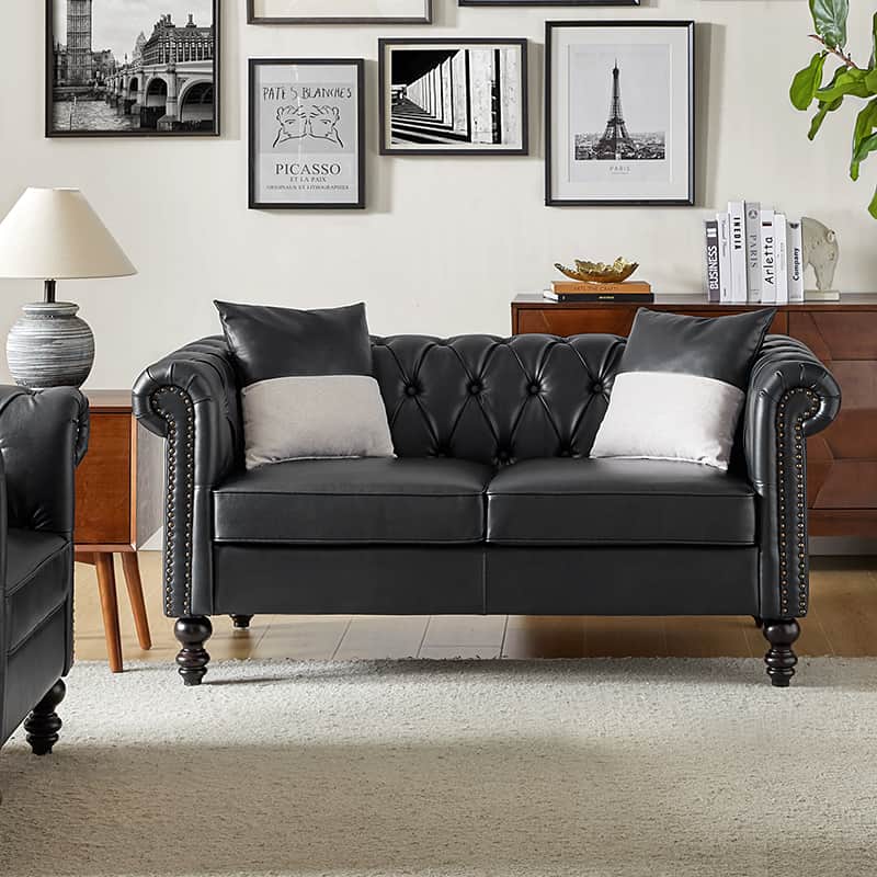 Premium Olga PU Leather Classic Rolled Arms Sofa - Modern Living Room Furniture with 2 Decorative Throw Pillows | Perfect for Small Spaces, Apartments & Cozy Home Decor