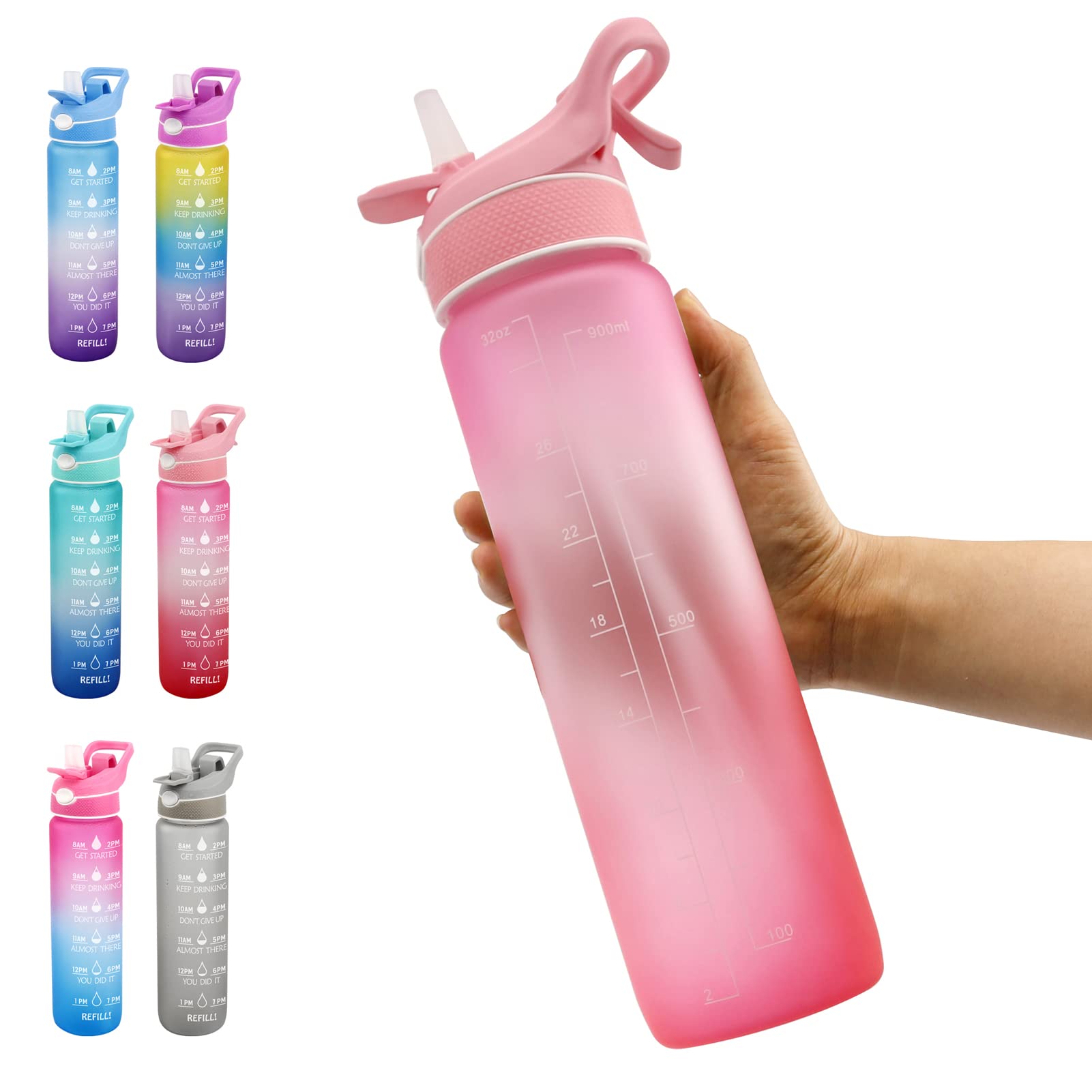 32 oz Motivational Water Bottle with Time Marker & Straw - BPA-Free Tritan Leakproof Jug for Fitness, Gym & Outdoor Sports - Track Daily Hydration for Workouts, Hiking & Yoga (Pink-Red)