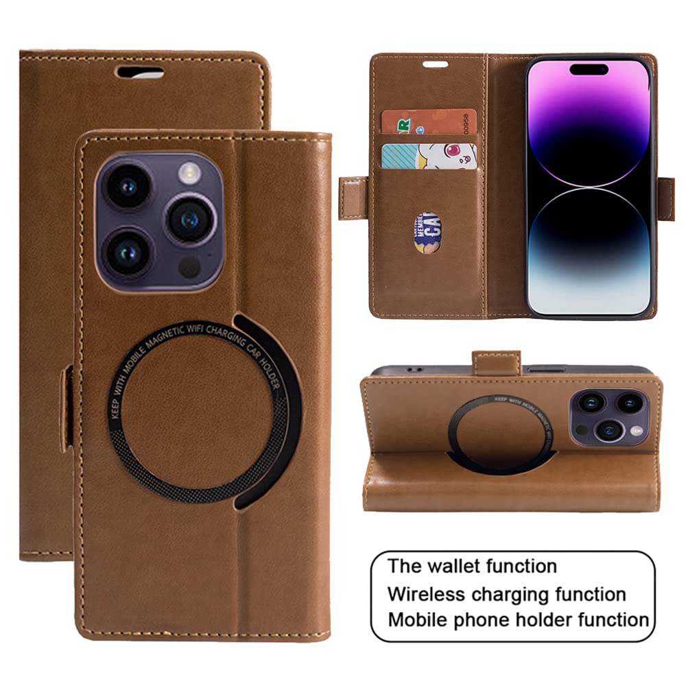 Premium PU Leather Wallet Case for iPhone 14 - Shockproof Protective Cover with RFID Blocking, Card Slots & Magsafe Wireless Charging | Brown Stand Phone Case for Work, Travel & Everyday Use