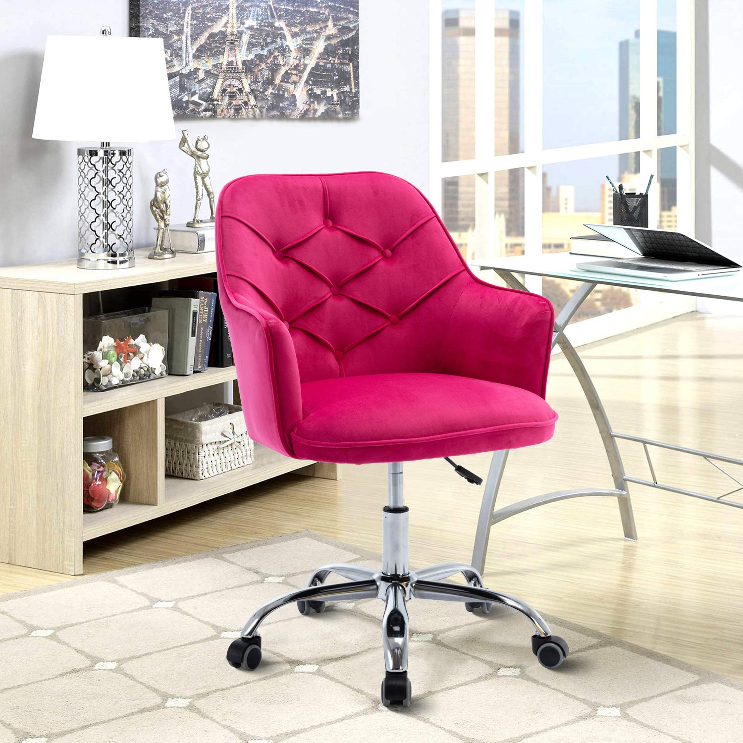 Luxury Velvet Swivel Office Chair with Adjustable Height & Rolling Casters - Ergonomic Home Office Desk Chair with Armrests & Back Support (Plum Purple) - Perfect for Remote Work, Gaming & Study Spaces