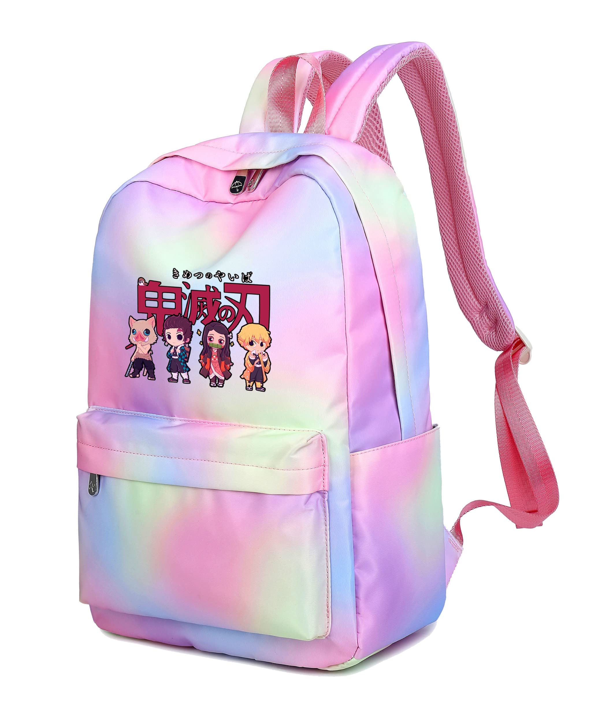 Anime Demon Slayer Backpack - Tanjirou Nezuko Inosuke Zenitsu School Bookbag for Teens, 15.6 Inch Laptop Backpack, Rainbow Pink Girls Backpack for School, Travel & Cosplay