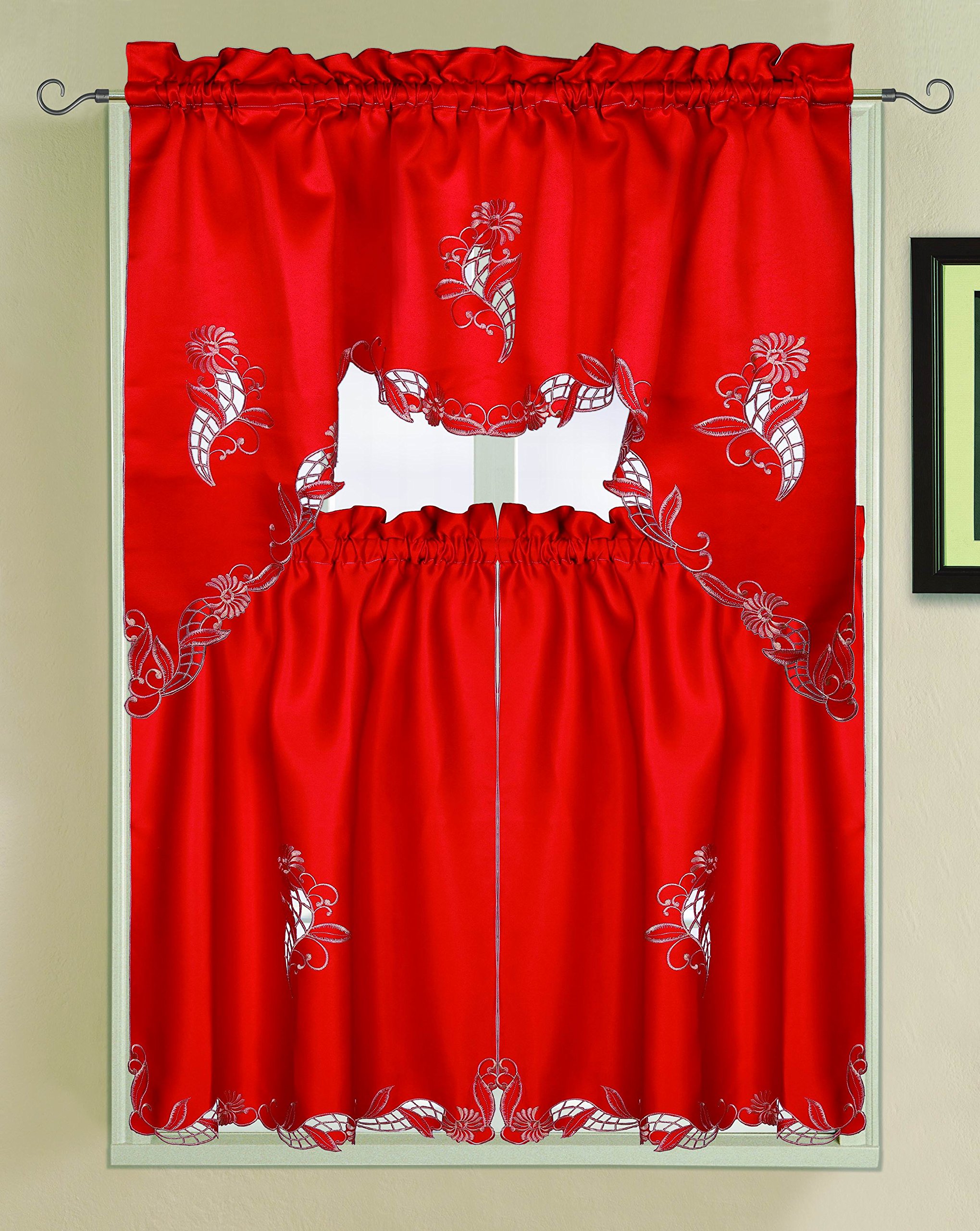 Luxury Embroidered Hand Cutwork Kitchen Curtain Set - 3PC Sydney Design in Elegant Red & Gold for Modern Farmhouse & Vintage Style Kitchens