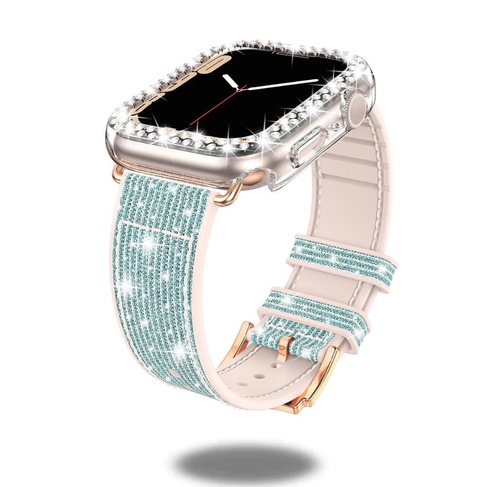 Premium Silicone & Leather Hybrid Watch Band with Glittery PC Case - Stylish & Durable for Workouts, Office & Everyday Wear