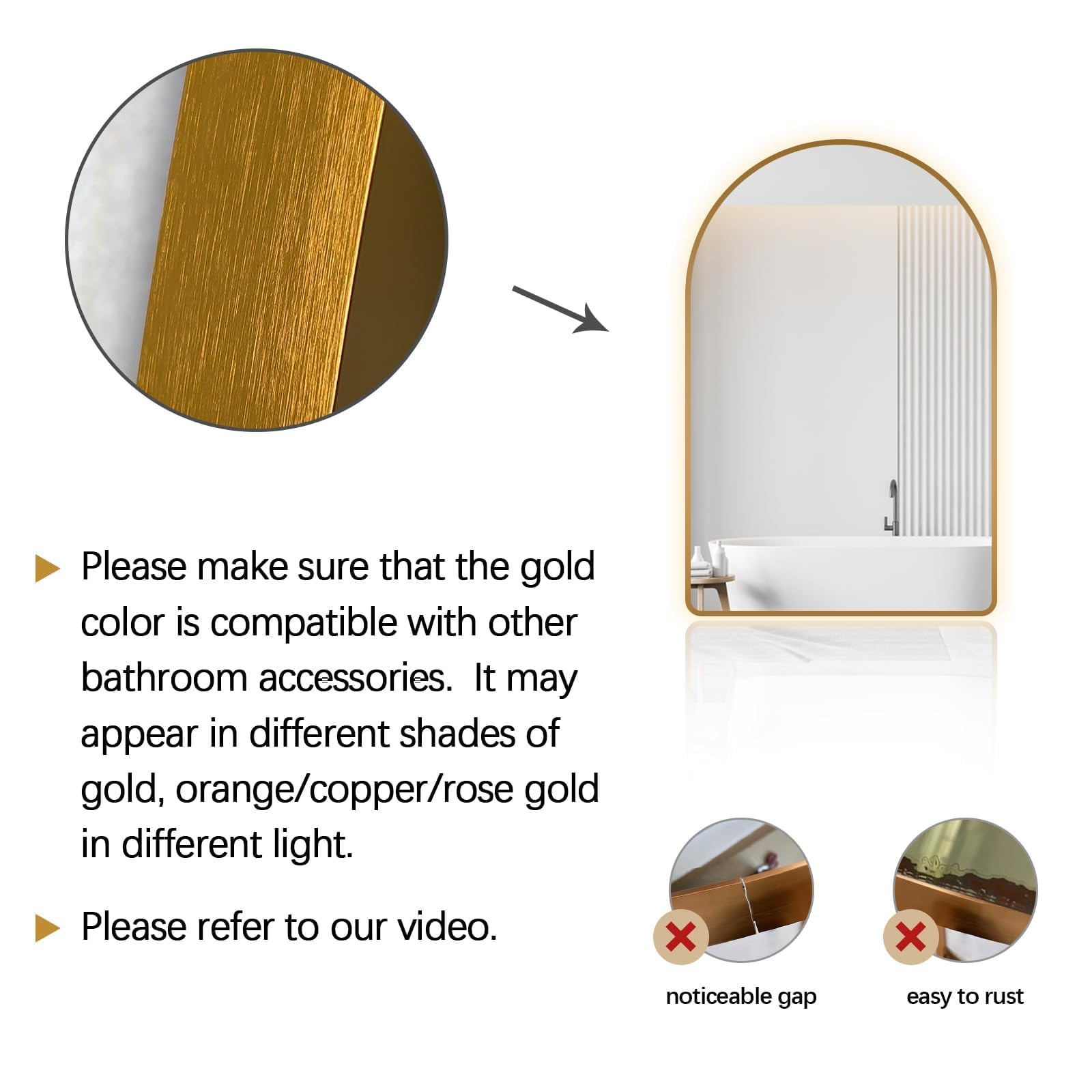 Niccy 40x24 Inch Arched LED Backlit Bathroom Mirror - Brushed Gold Framed Wall Mounted Vanity Mirror with 3 Color Temperature Settings, Shatterproof & Fog-Free Technology - Perfect for Modern Bathrooms, Dressing Rooms & Makeup Areas
