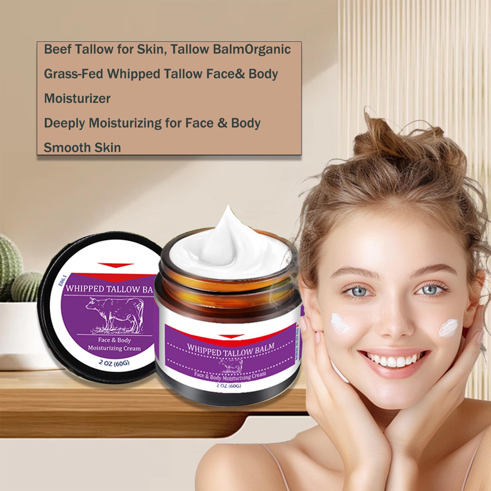 Organic Whipped Tallow Cream for Face & Body - 100% Grass-Fed Beef Tallow Moisturizer for Dry Skin - Handmade Skin Care Lotion 5.7oz - Perfect for Eczema, Psoriasis & Winter Hydration