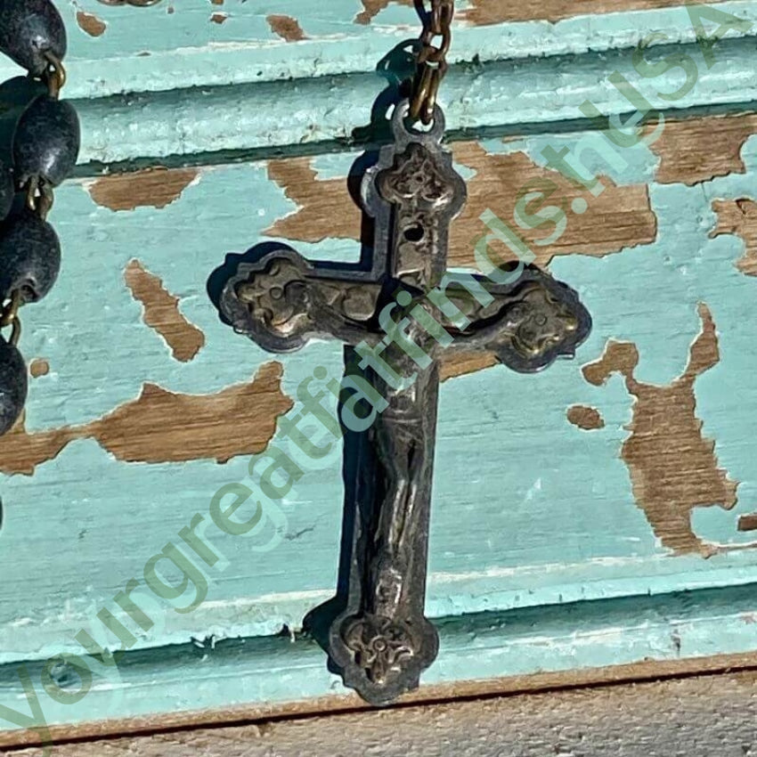 Vintage Charcoal Gray Beaded Rosary Necklace - Antique Patina Finish Catholic Prayer Beads for Religious Devotion & Spiritual Gifts