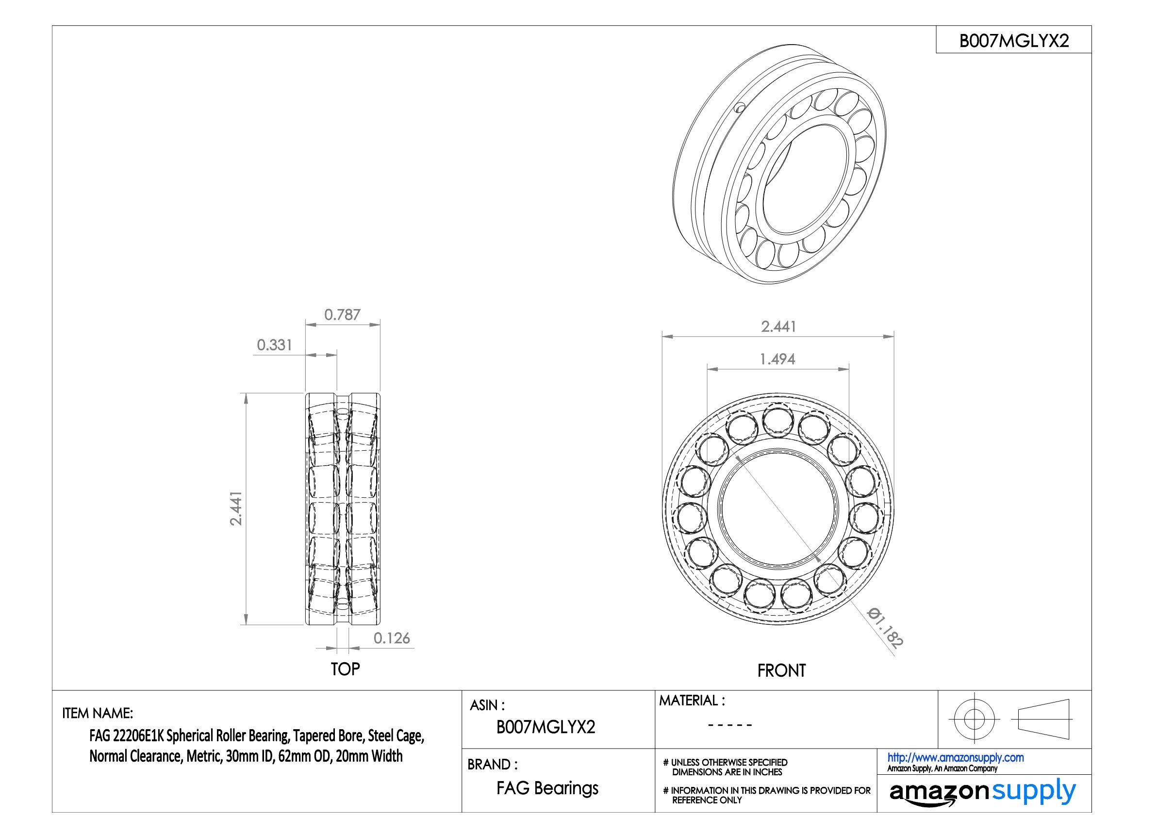 FAG 22206E1K Spherical Roller Bearing - Tapered Bore, Steel Cage, Normal Clearance, Metric Size (30mm ID x 62mm OD x 20mm Width) - Heavy Duty Industrial Machinery Replacement Part for Conveyors, Pumps & Gearboxes