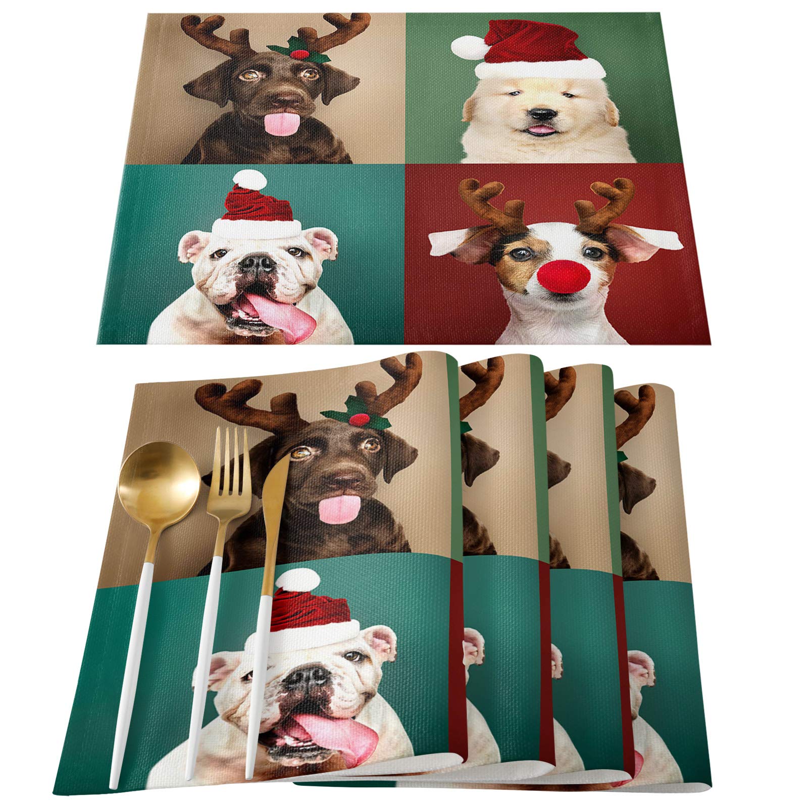 Round Non-Slip Heat Resistant Christmas Dog Placemats Set of 4 - Cute Puppy, Bulldog, Labrador & Golden Retriever Designs for Dining Table, Kitchen Decor - Perfect Holiday Gift for Kids, Women & Men