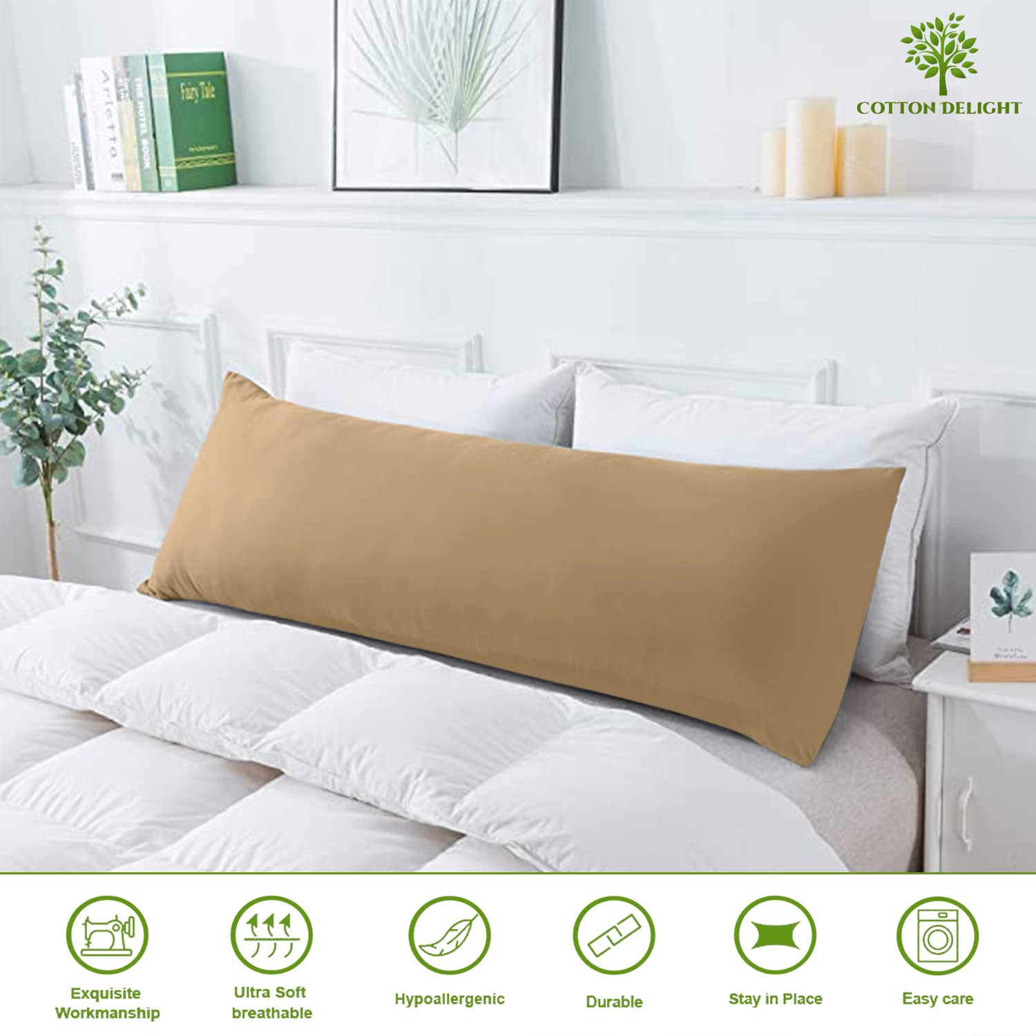 Premium 100% Natural Cotton Body Pillow Cover - 20x72 Inches, Taupe, 600 Thread Count with Zipper Closure - Soft & Breathable for Comfortable Sleep, Maternity Support, and Home Decor