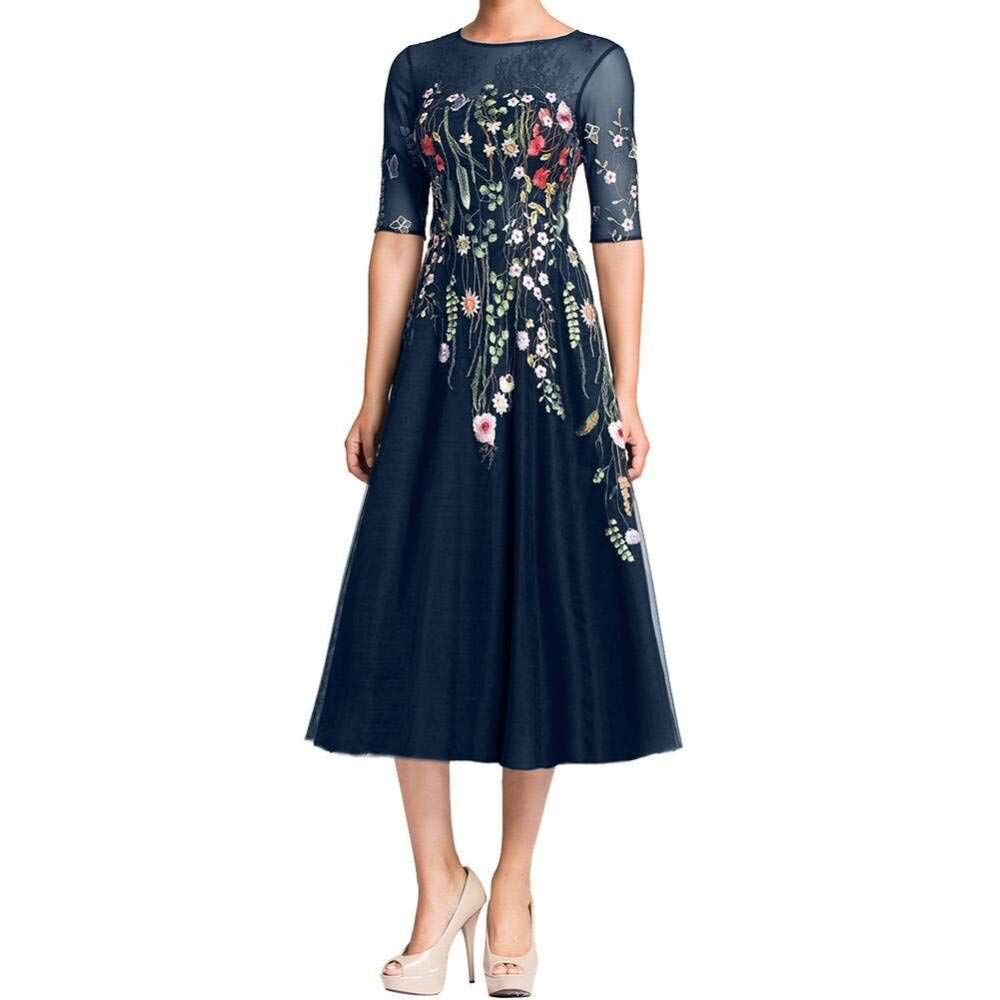 Elegant Floral Print Tulle A-Line Evening Dress for Women | Half Sleeve Formal Gown | Mother of The Bride & Wedding Guest Dress | Perfect for Cocktail Parties, Prom & Special Occasions
