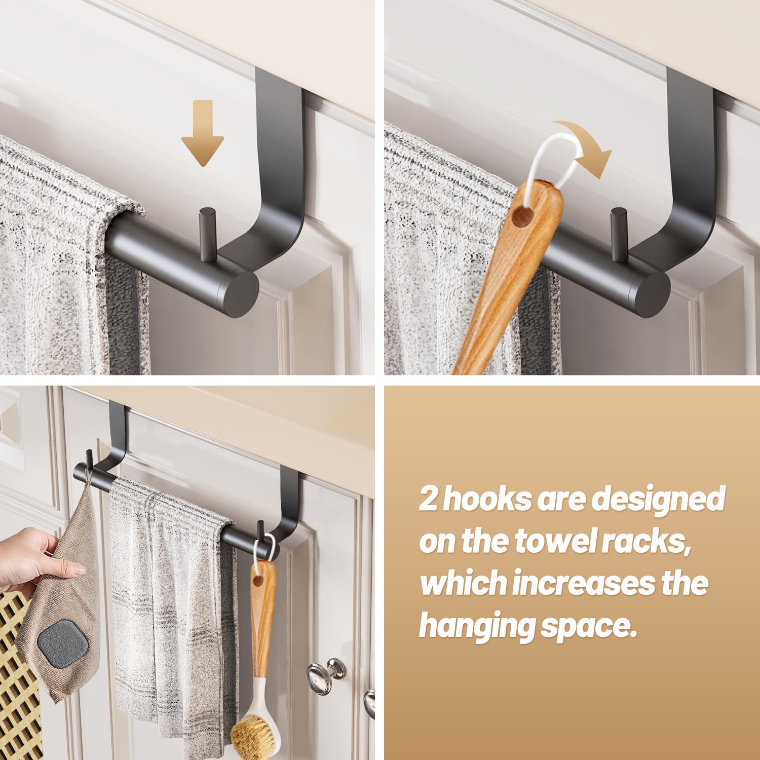 VEHHE 2-Pack 9-Inch Kitchen Towel Holder with 2 Hooks - Over Cabinet Towel Bar with EVA Foam Pads - Space-Saving Over The Door Towel Rack for Kitchen, Bathroom, Laundry Room (Black) - Perfect for Hanging Dish Towels, Hand Towels & Washcloths