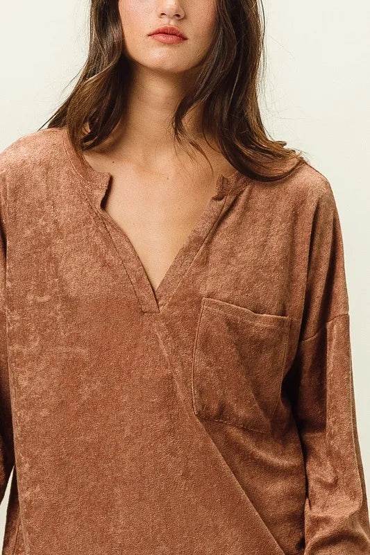 BiBi Loop Terry Solid V-Neck Pocket Top for Women - Soft Casual T-Shirt with Pocket - Perfect for Everyday Wear, Lounge, and Outings