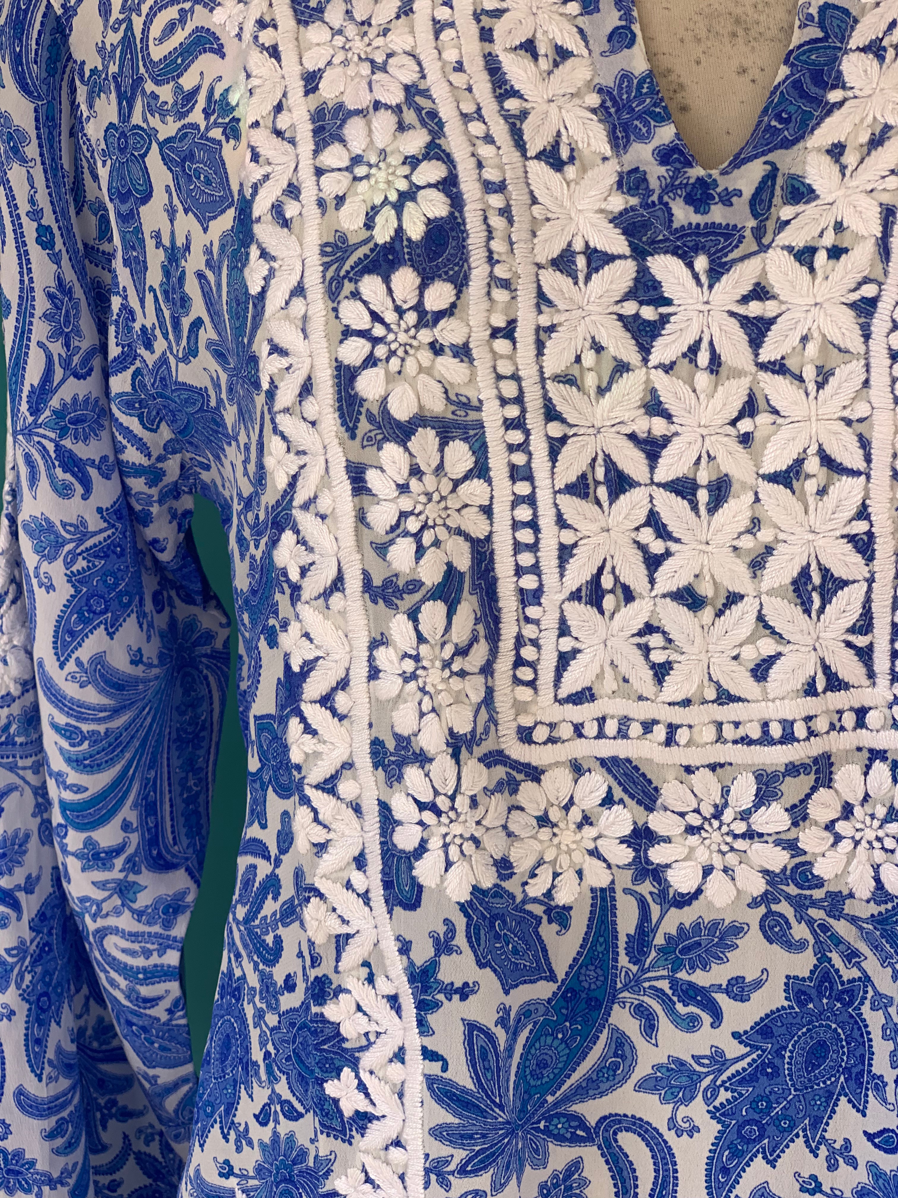 2024 New Women's Silk Tunic Top - Elegant Hand-Painted Blue Floral Design for Casual Wear, Vacation & Special Occasions