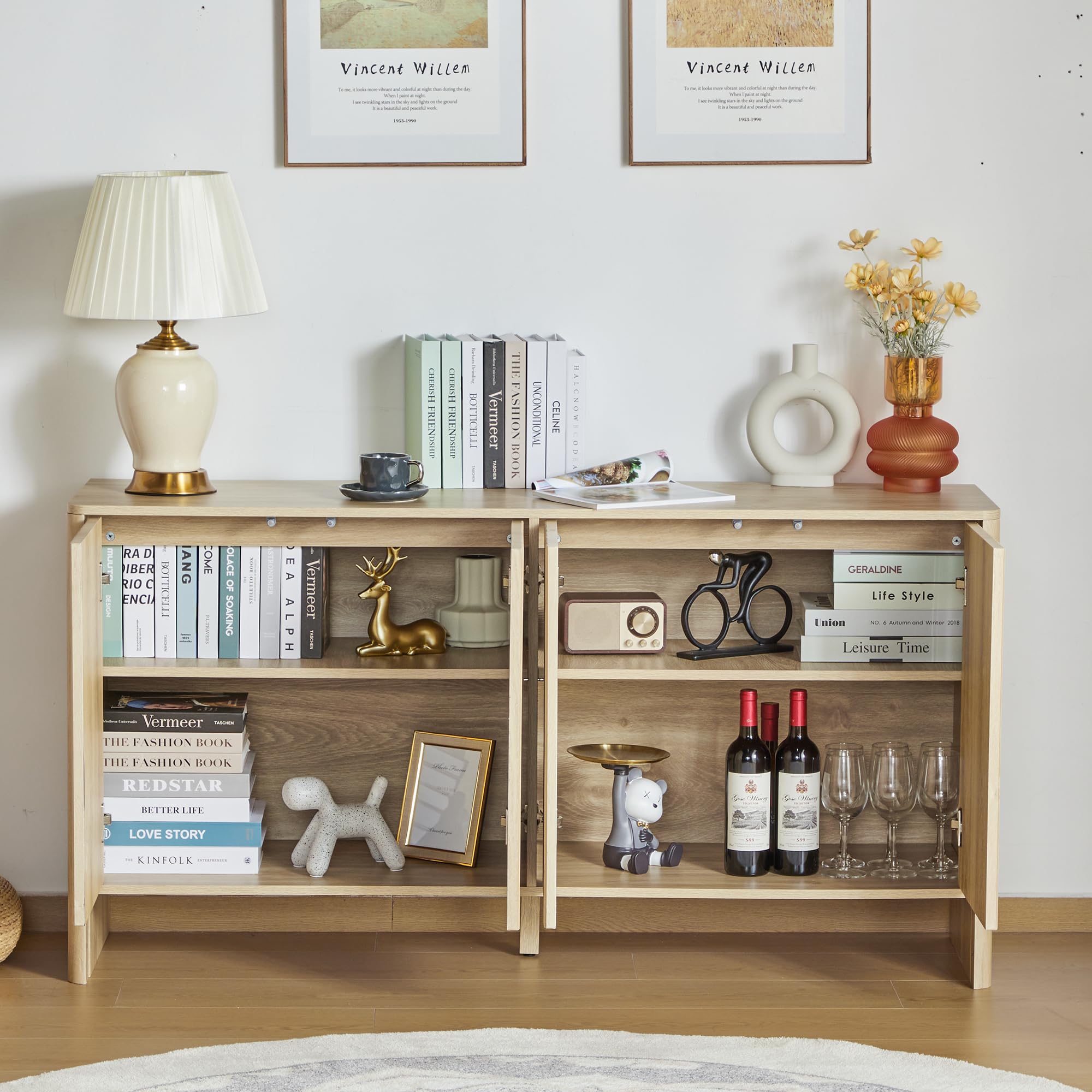 Modern Sideboard Buffet Cabinet with 4 Fluted Doors & Adjustable Shelves - Solid Wood Storage Credenza for Dining Room, Kitchen, Living Room & Entryway - Perfect for Entertaining, Displaying Decor & Organizing Dishes (Natural Finish)