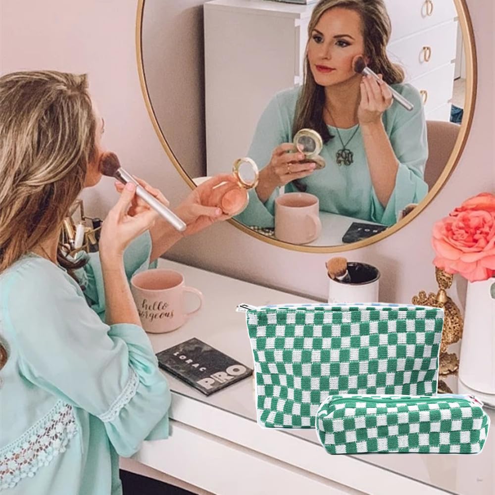 Checkered Makeup Bag Set of 2 - Large Cosmetic Organizer & Brush Pouch - Portable Travel Makeup Case for Women (Green) | Perfect for Travel, Gym & Daily Beauty Storage