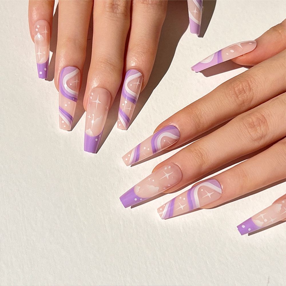 French Ballet False Nails with Gold Foil Glitter Designs - Long Coffin Ballerina Press On Fake Nails - Full Cover Nail Tips for Parties, Weddings & Special Occasions