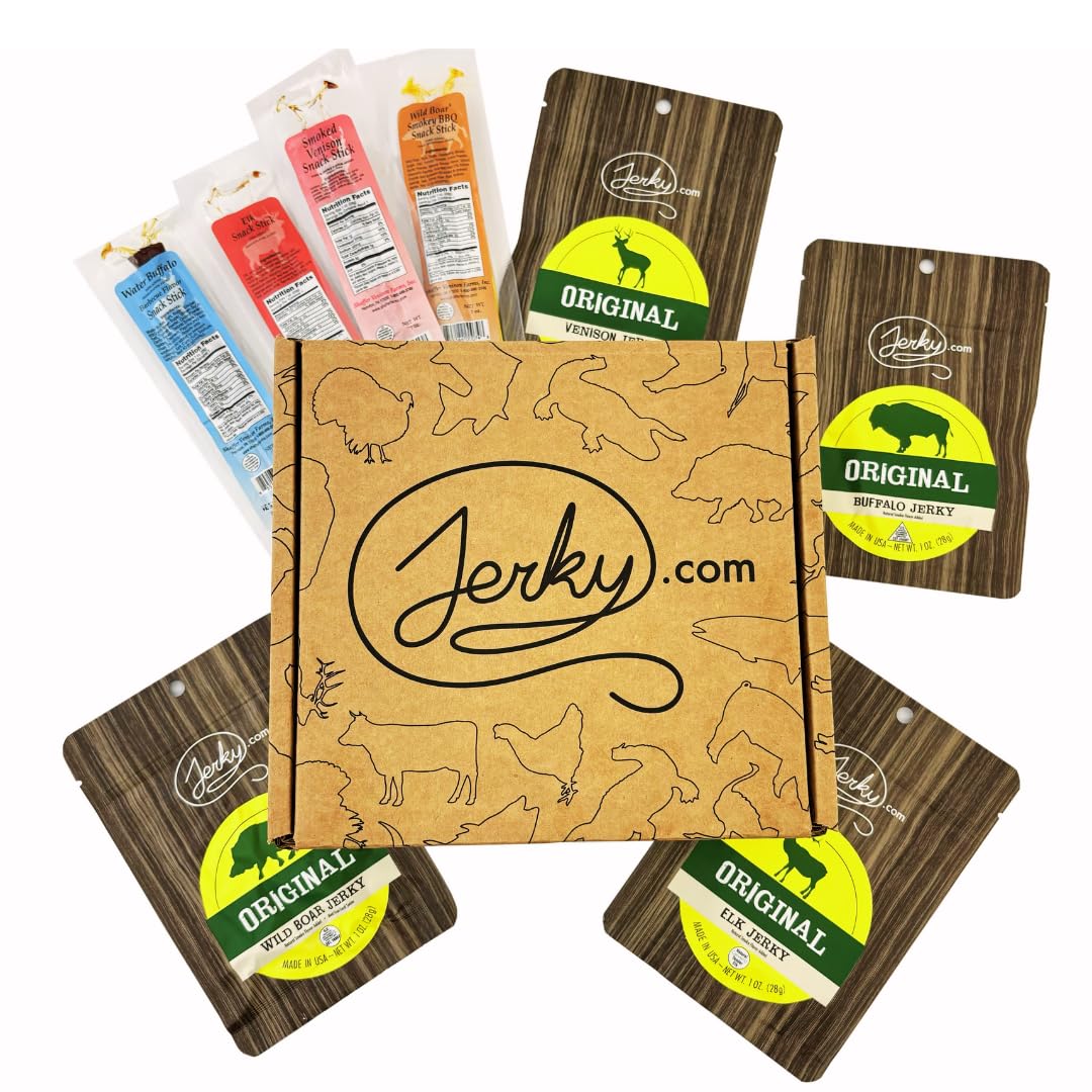 Premium Exotic Jerky Gift Box for Men - 8 Piece Gourmet Meat Snack Set with Venison, Elk, Buffalo & Wild Boar - Healthy Protein Snacks for Outdoor Adventures, Camping, Hiking & Father's Day Gifts