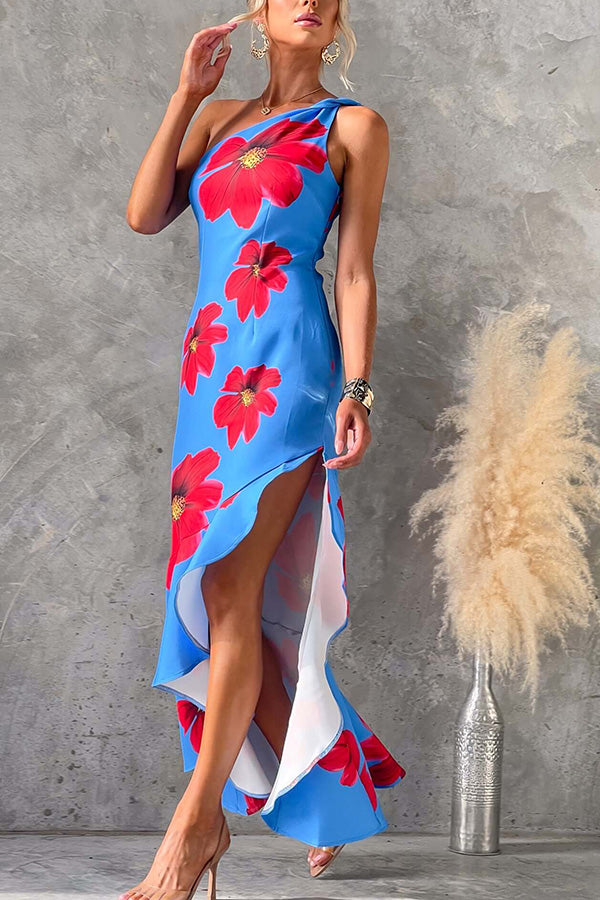 Elegant Muse Floral Print One Shoulder Ruffled Maxi Dress with High Slit | Summer Beach Wedding, Party & Evening Gown | Women's Fashion