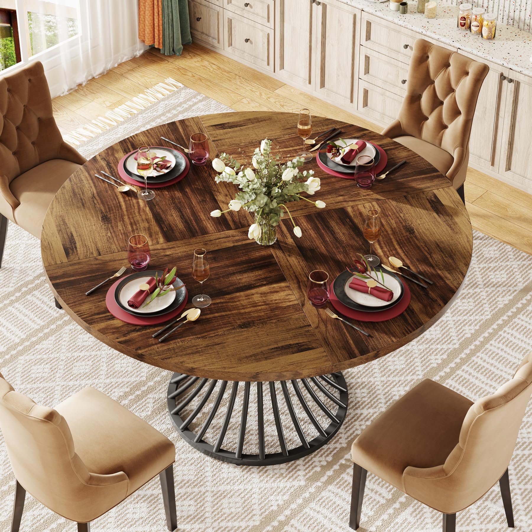 Tribesigns 47-Inch Round Dining Table for 4-6 People, Farmhouse Kitchen Table with Metal Base, Industrial Style Circle Dinner Table for Kitchen, Living Room, Dining Room - Black and Brown Finish, Perfect for Family Meals and Entertaining Guests