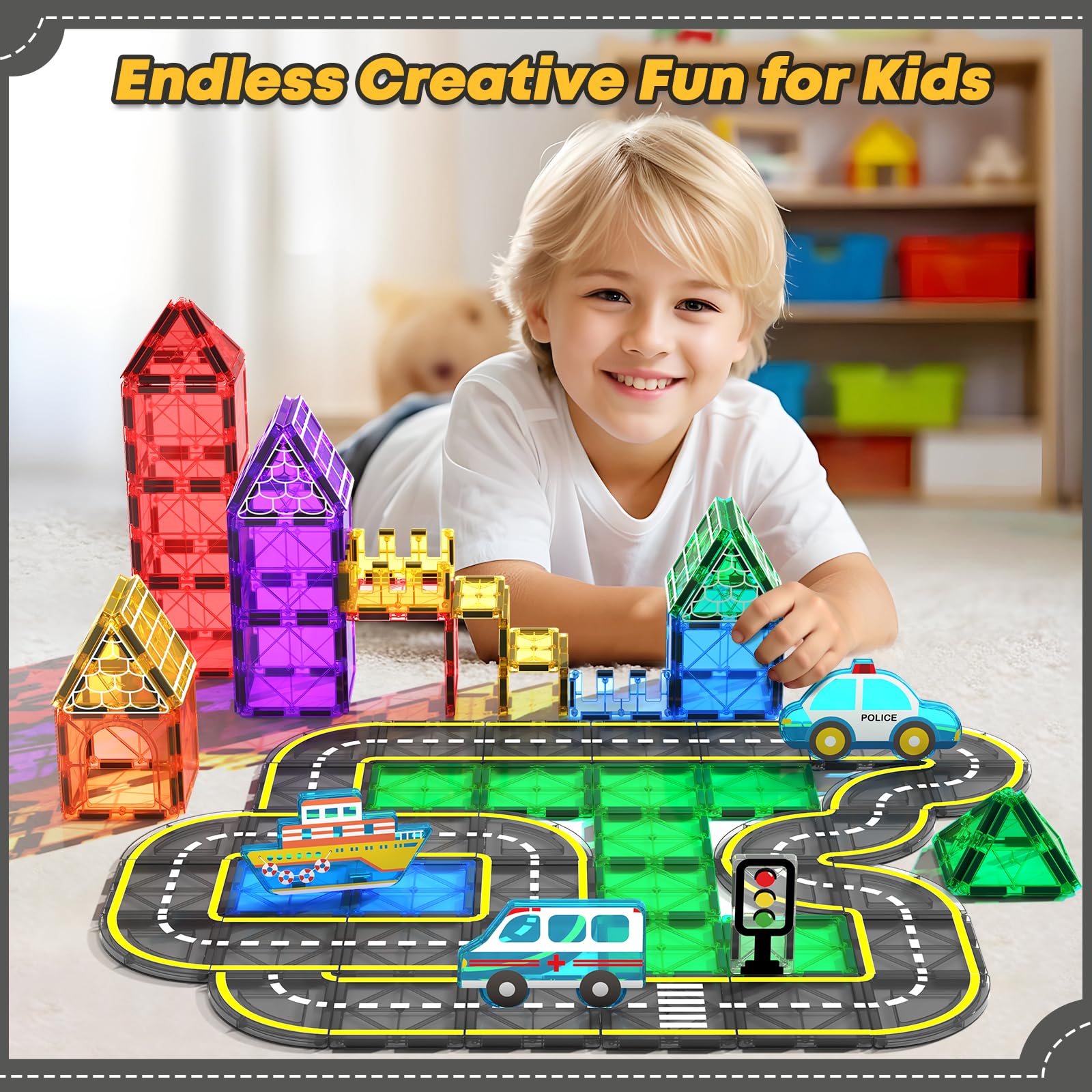Soyee Magnetic Tiles Road Cars Toys - 120PCS Magnetic Building Blocks for Kids Ages 3-8, STEM Educational Construction Toys for Toddlers & Preschoolers - Perfect Birthday Gift for Boys & Girls | Creative Play, Classroom Learning, Sensory Development