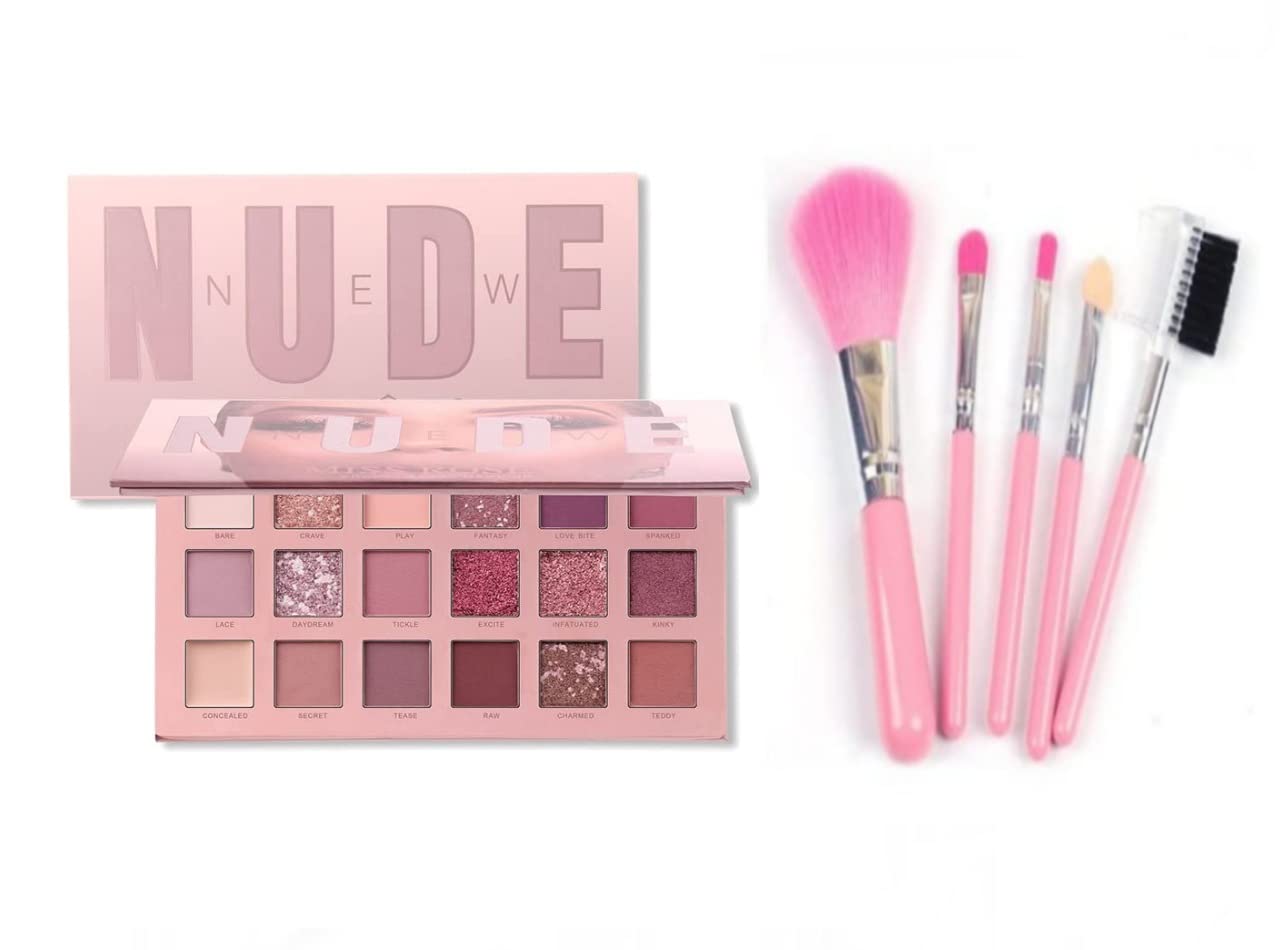 18 Color Eyeshadow Palette with Mirror - Matte, Shimmer & Glitter Blends, Natural Nudes & Velvet Finish + 5 Pcs Makeup Brush Set | Perfect for Everyday Wear, Party & Professional Makeup Looks