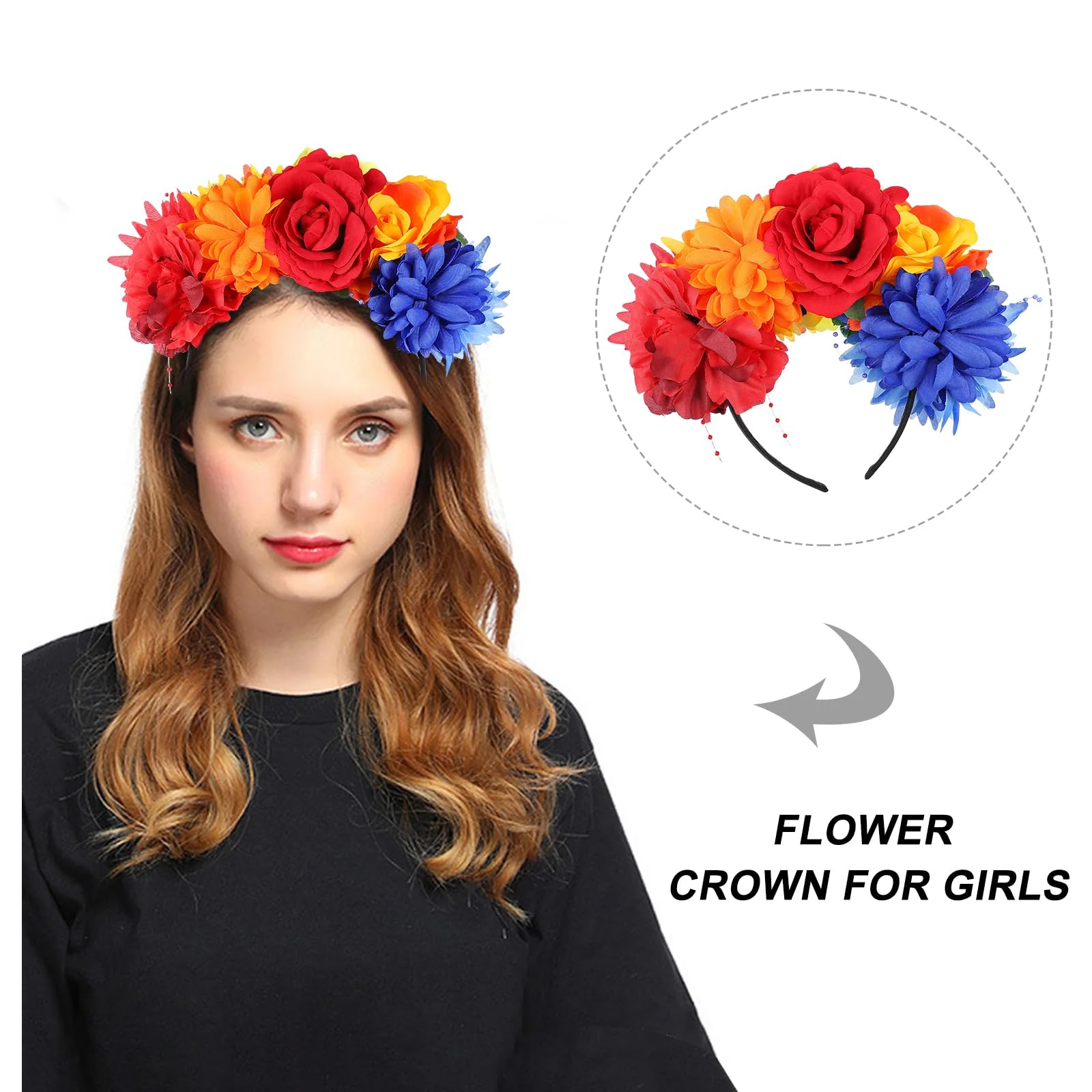 Mexican Flower Crown Headband - Frida Kahlo Inspired Floral Headpiece for Women & Girls | Day of The Dead, Halloween, Boho, Cosplay & Party Costume Accessories | Perfect for Festivals, Weddings, and Themed Events