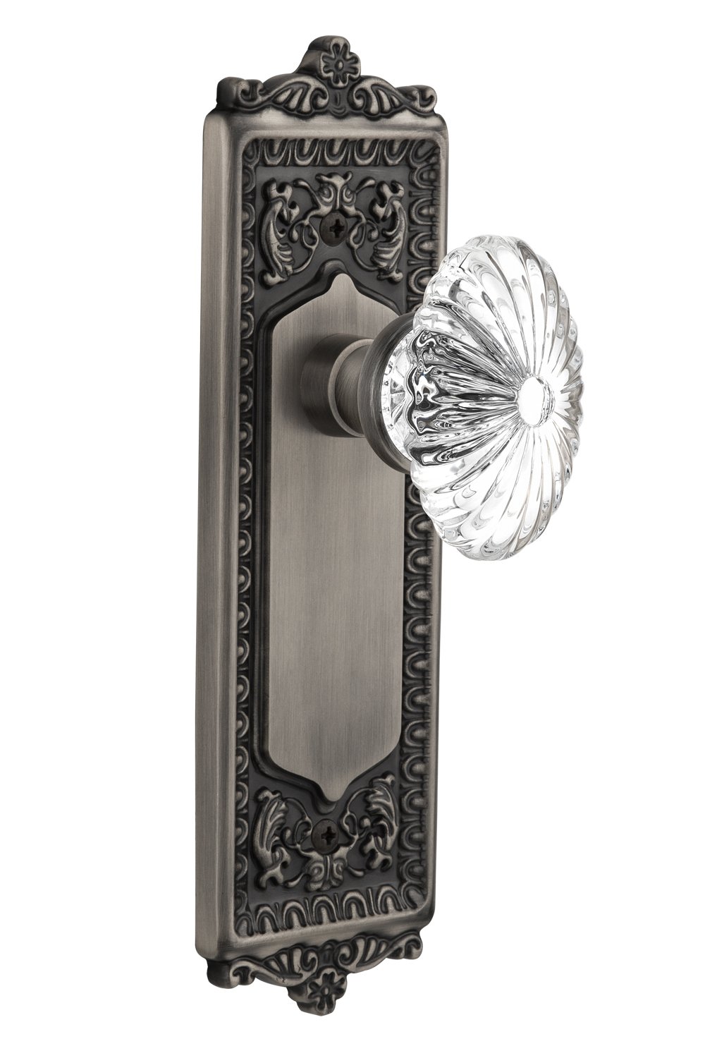 Antique Pewter Egg & Dart Cabinet Plate with Oval Fluted Crystal Glass Knob - 2.75