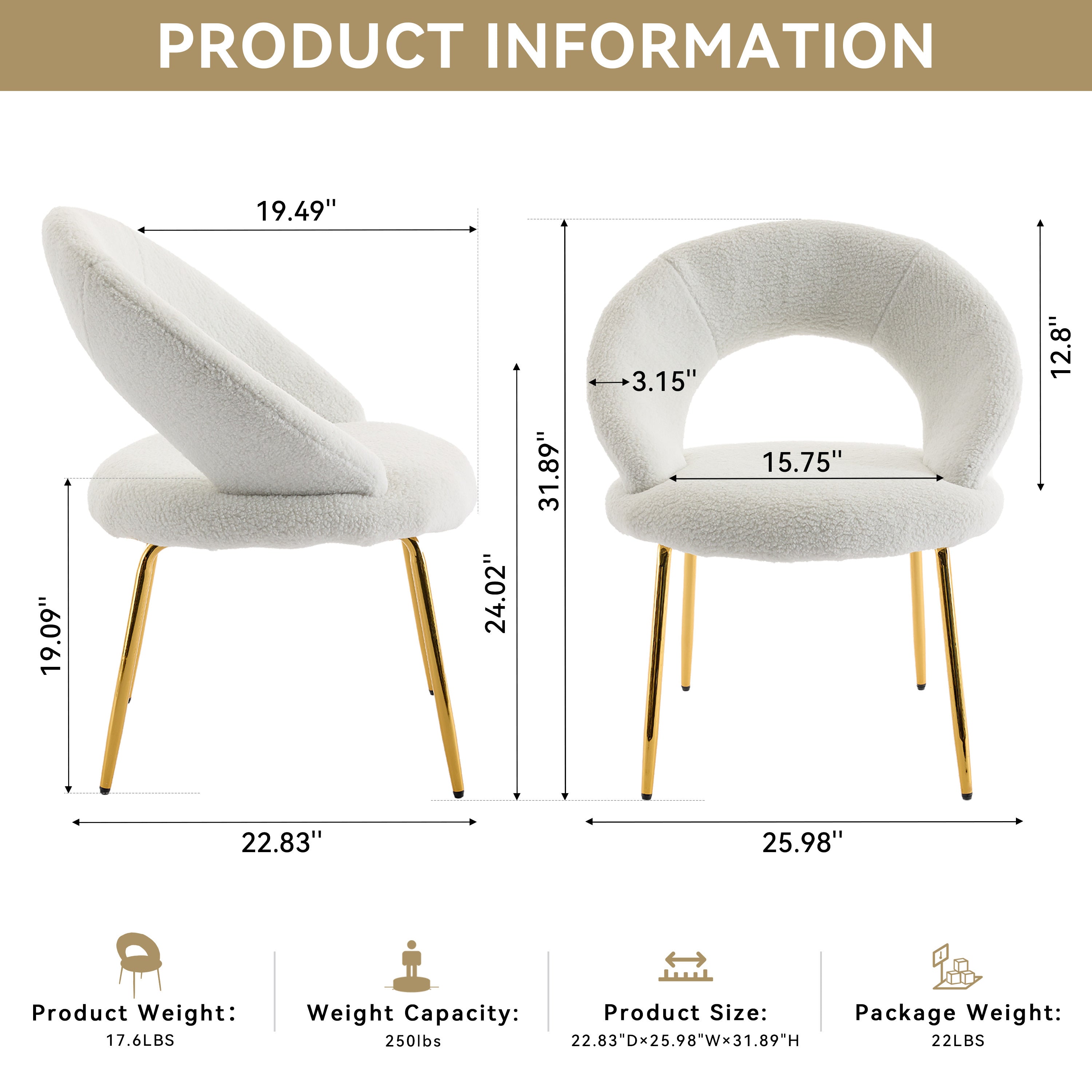 Teddy Fabric Dining Chairs Set of 1 - White Upholstered Kitchen Chairs with Curved Backrest & Gold Metal Legs for Dining Room, Breakfast Nook or Small Space Decor