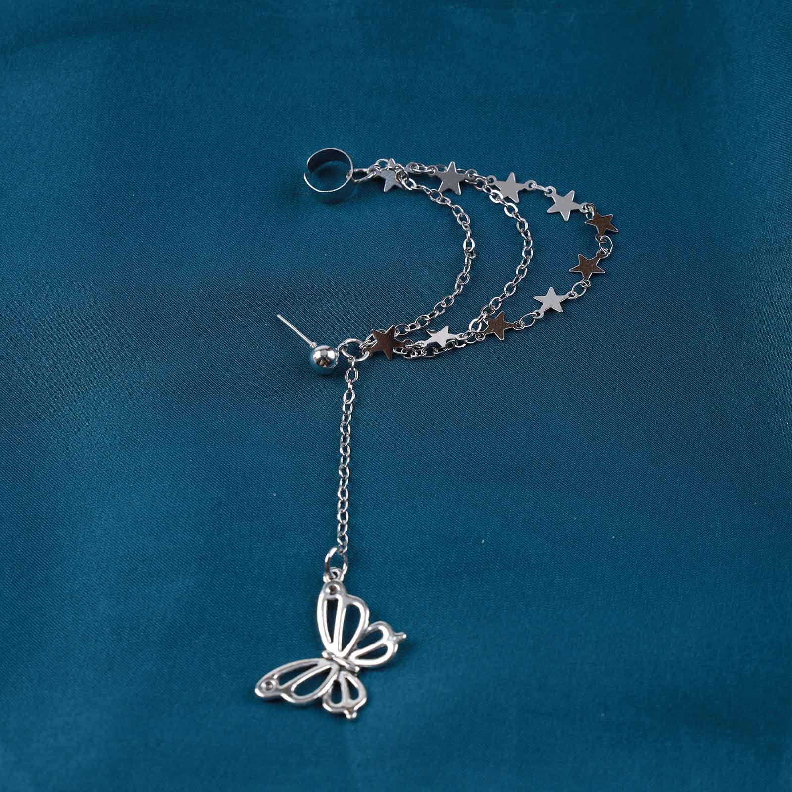 Bohemian Butterfly Drop Earrings for Women - Silver Hollow Dangle Earrings with Star Chain & Tassel Details | Cartilage Cuff, Stud Earrings | Perfect for Parties, Weddings & Boho Fashion Accessories