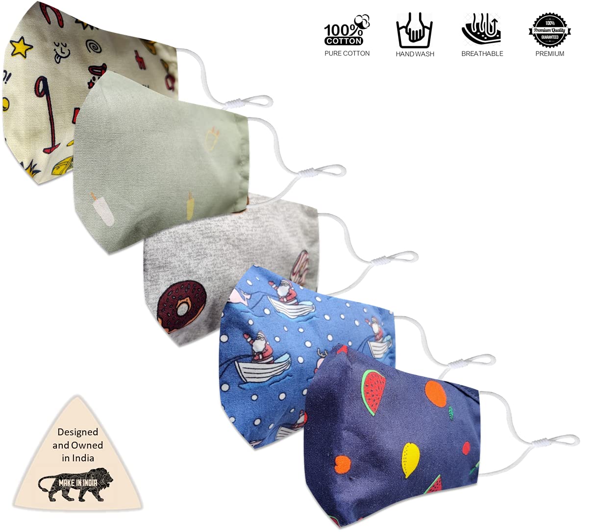 Kids Adjustable Cotton Face Masks - 5 Pack Washable & Breathable Reusable Face Coverings for Children | Soft Comfortable Protective Masks for School, Travel & Daily Activities | Made in India