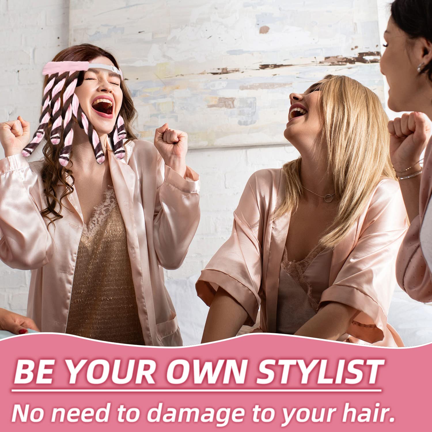 Heatless Hair Curlers Set - Soft Silk Sleep Curling Headband with 10 Clips for Medium to Long Hair (Pink) | Overnight Curling, No Heat Damage, Perfect for Bedtime Styling & Special Occasions