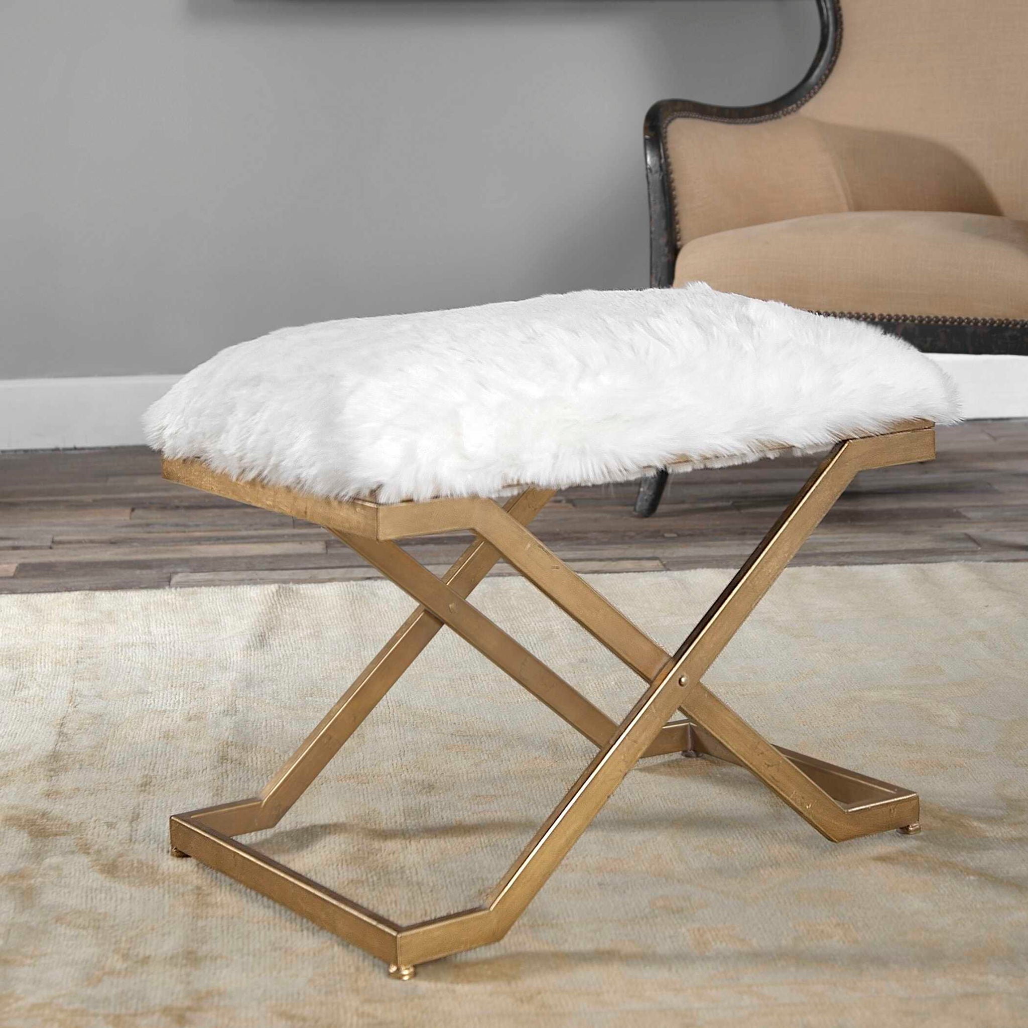 Farran White Faux Fur Small Bench - Soft & Cozy Pet Bed or Stylish Living Room Accent Stool for Home Decor