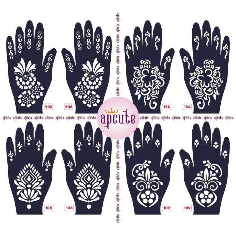Apcute 8-Piece Full Hand Mehndi Stencil Kit | Temporary Henna Tattoo Stickers for Women & Girls | Easy 4-Step Application | Perfect for Weddings, Festivals & Cultural Events (Designs 208, 124, 108, 109)
