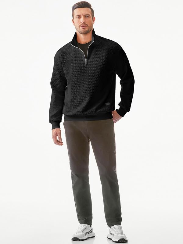 Men's Quarter Zip Sweatshirt - Casual Mock Neck Pullover with Geometric Waffle Texture | Long Sleeve Solid Color Fleece Top for Outdoor Activities & Lounge Wear