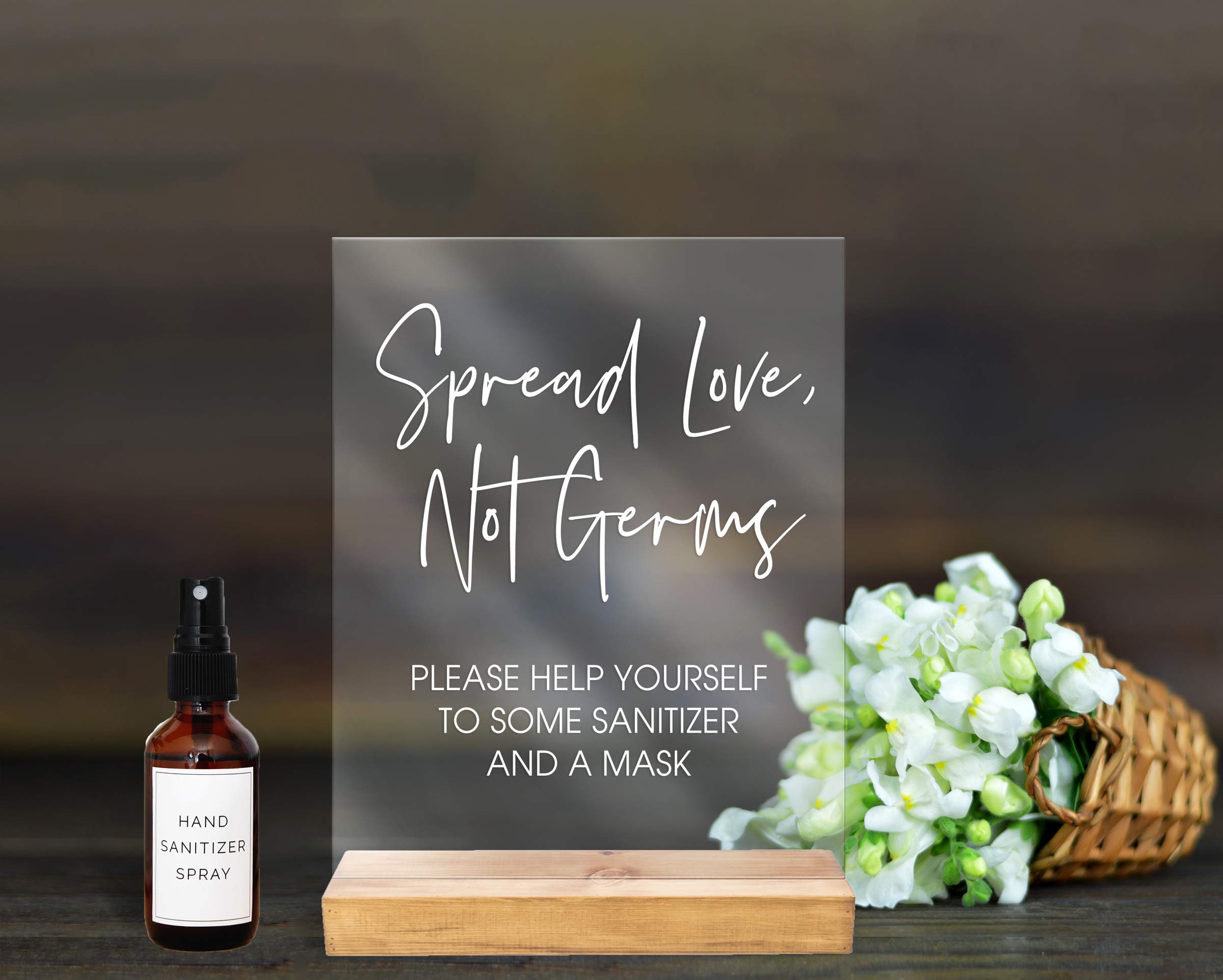 Clear or Frosted Acrylic Wedding Mask Sign with Stand - Spread Love Not Germs - Perfect for Wedding Receptions, Bridal Showers & COVID Safety Events
