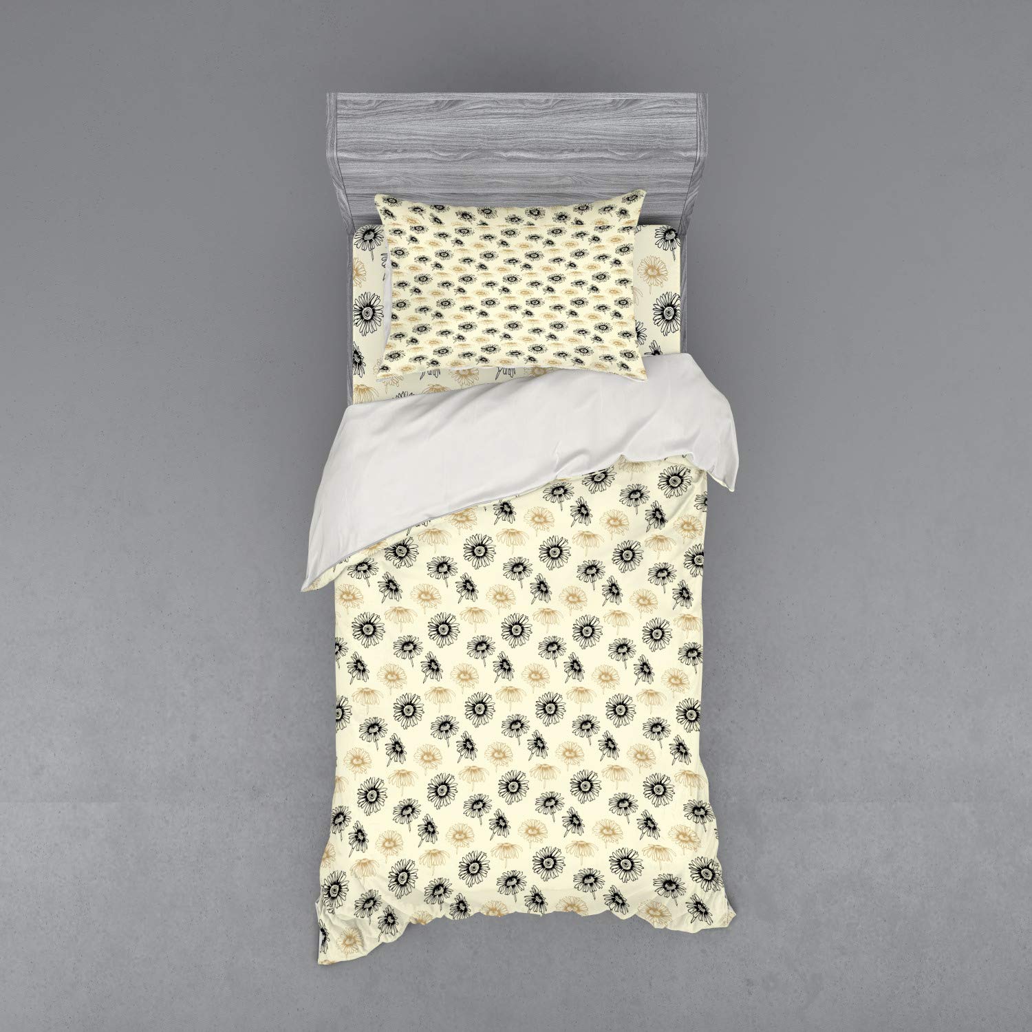 Ambesonne Floral Duvet Cover Set - Hand Drawn Calendula Flowers Sketch Pattern, 3-Piece Twin Bedding Set with Pillow Sham & Fitted Sheet, Charcoal Grey & Cream - Perfect for Boho Chic Bedrooms & Guest Room Decor