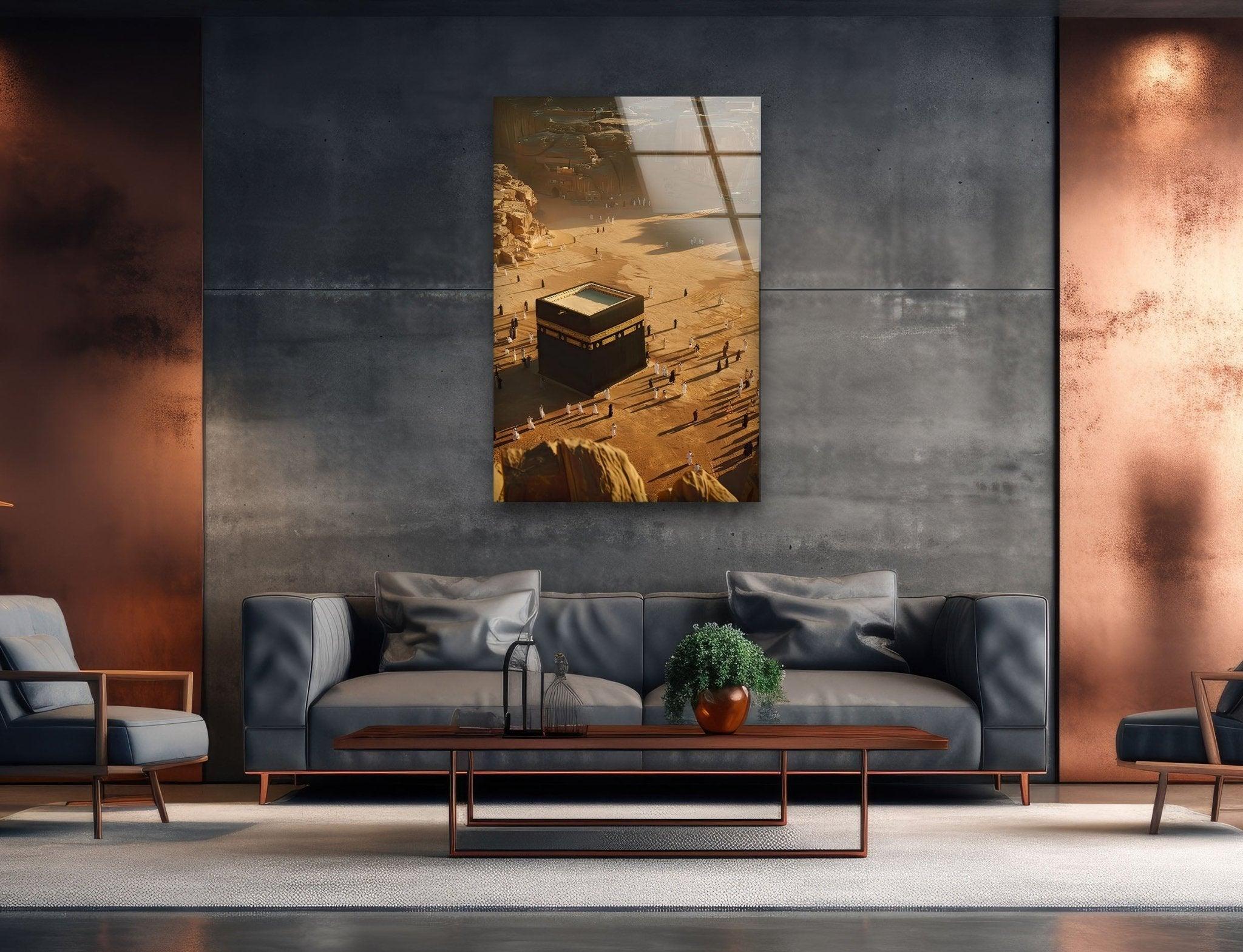 Stunning Aerial View Kaaba Glass Wall Art - Islamic Home Decor for Living Room, Mosque & Office - Perfect Muslim Gift for Eid & Ramadan