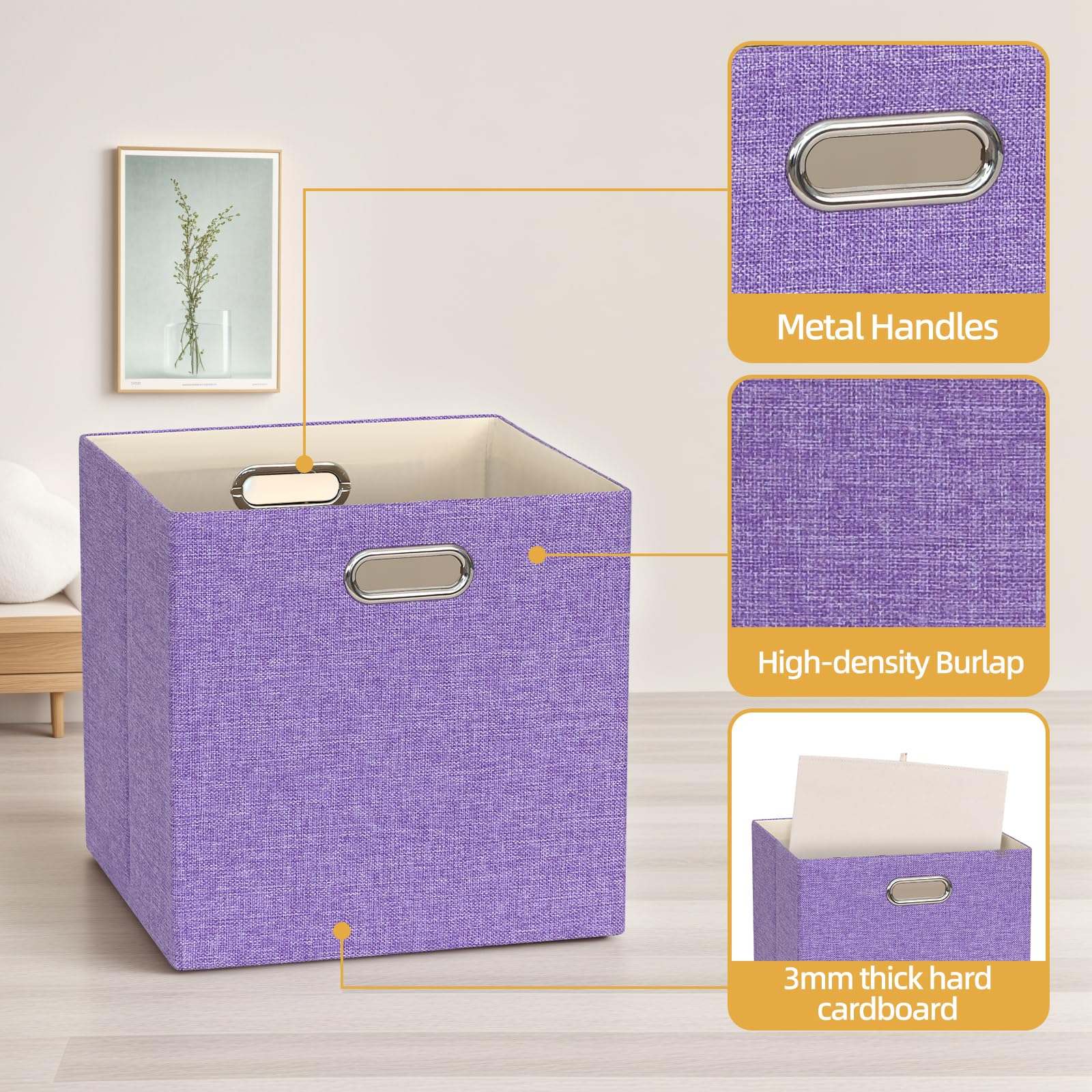 4-Pack Collapsible Linen Storage Cubes - 13x13x13 Inch Fabric Bins for Kallax Shelves, Cabinets & Closet Organization - Foldable Home Decor Storage Boxes for Bedroom, Nursery & Laundry Room (Purple)