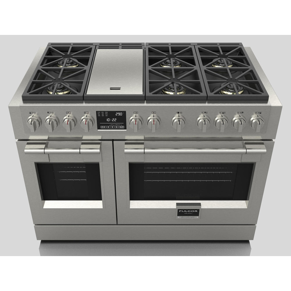 Fulgor Milano 48-inch 600 Series Dual Fuel Range with 6 Burners & Stainless Steel Trilaminate Griddle - Professional Gas Stove & Electric Oven Combo for Home Chefs (Model F6PDF486GS1) | Perfect for Gourmet Cooking, Baking & Entertaining in Modern Kitchens