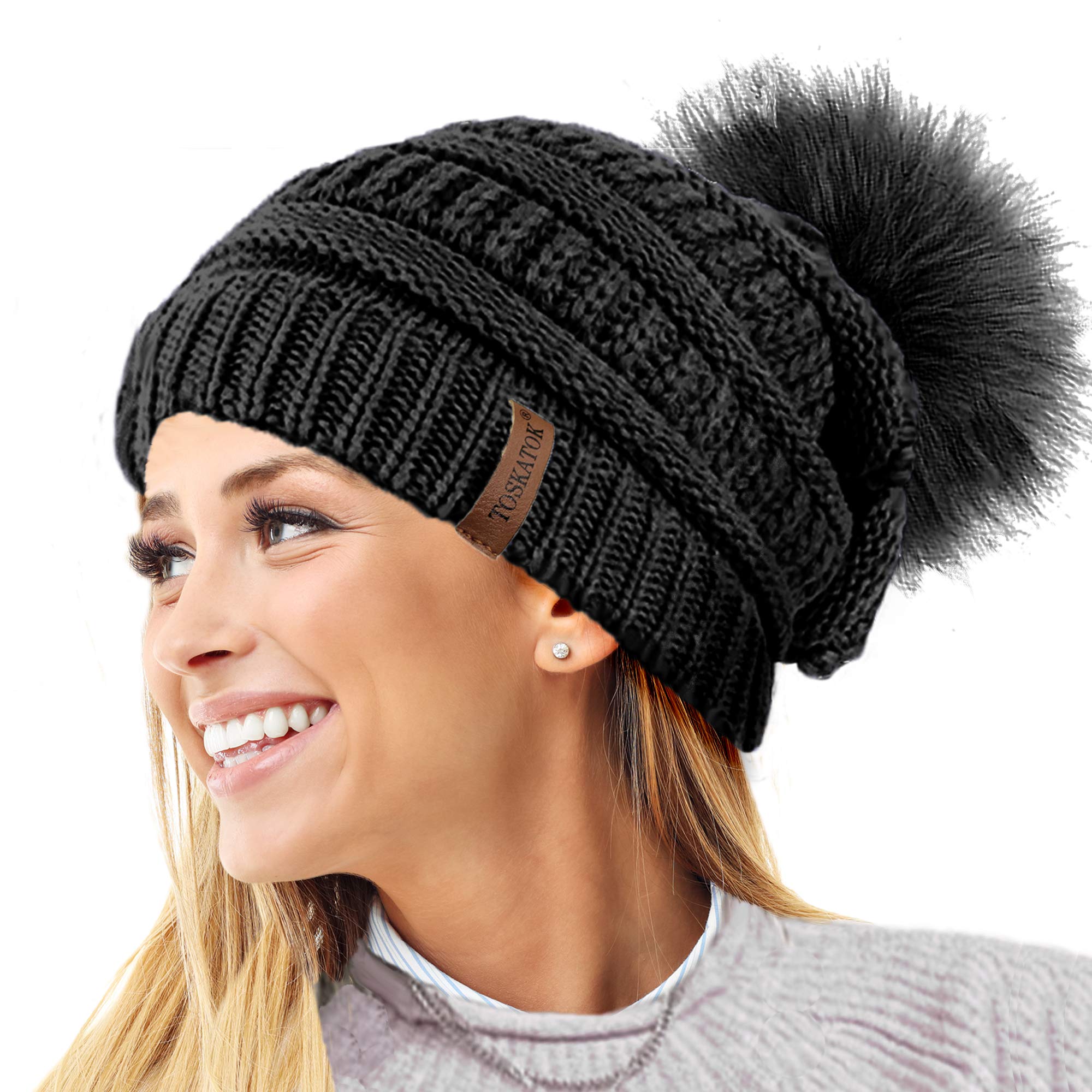 TOSKATOK® Women's Textured Knit Beanie Hat with Removable Faux Fur Pom Pom - Winter Warm Fashion Accessory for Outdoor Activities & Casual Style