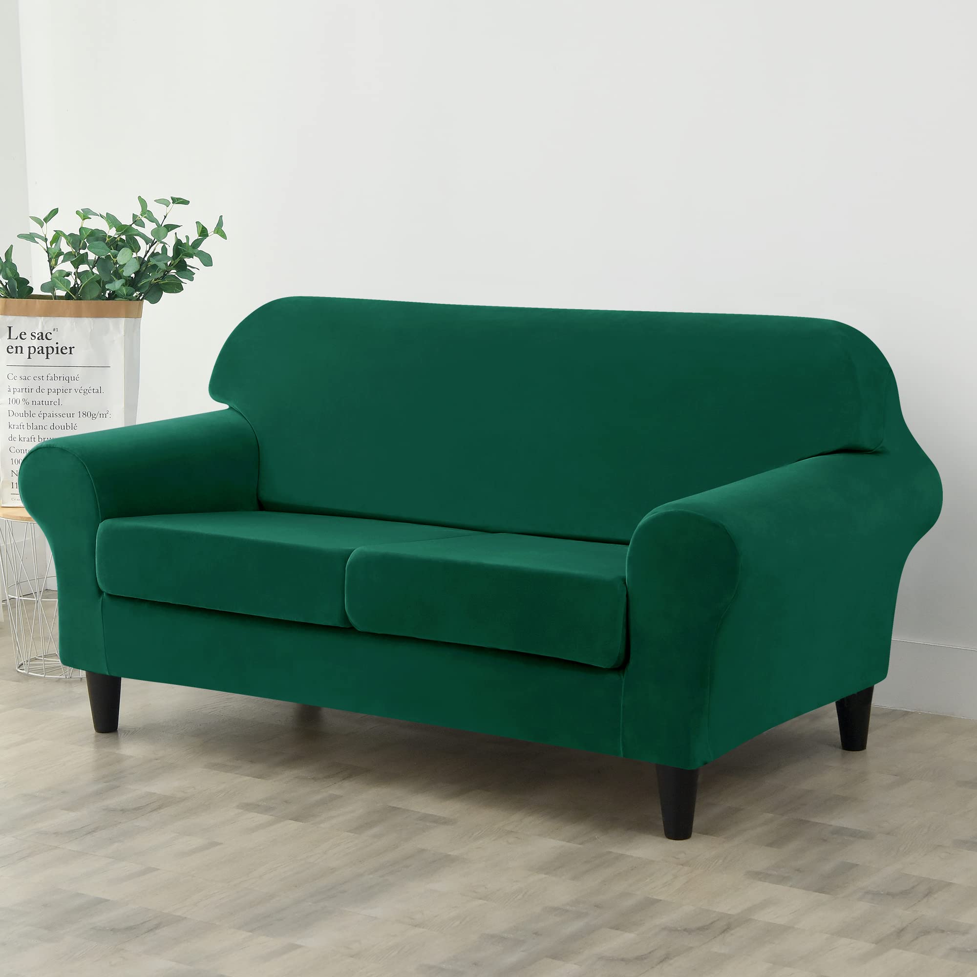 Stretch Velvet Sofa Slipcover for 2 Cushion Couch - Soft Thick Furniture Protector Cover for Loveseat - Pet & Kid Friendly Stretchable Sofa Cover (Medium, Green) - Perfect for Living Room, Family Room & Home Decor
