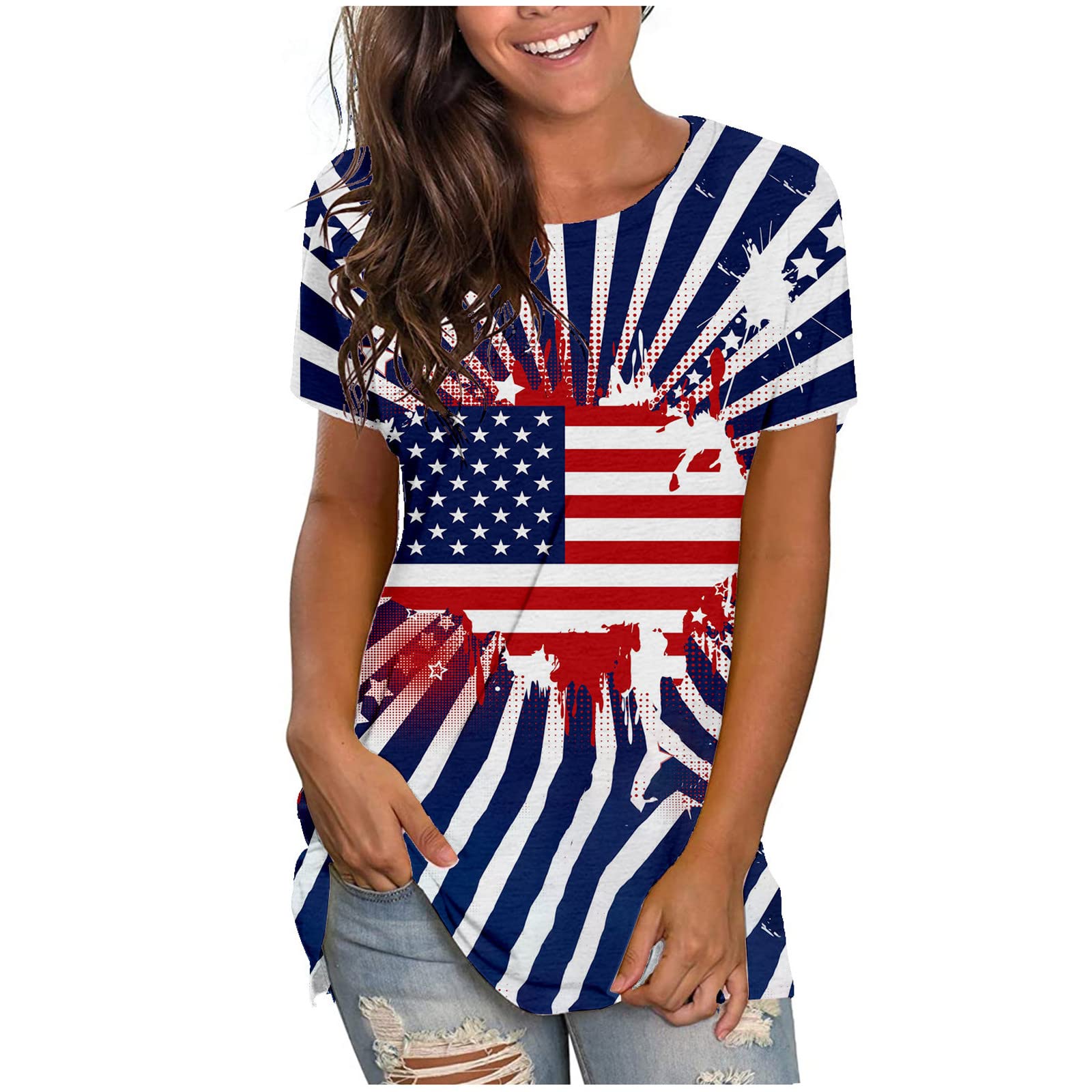 Qolati Women's Patriotic Graphic Tees - 4th of July Independence Day Short Sleeve T-Shirt | Perfect for Summer Outfits, BBQ Parties & National Holiday Celebrations