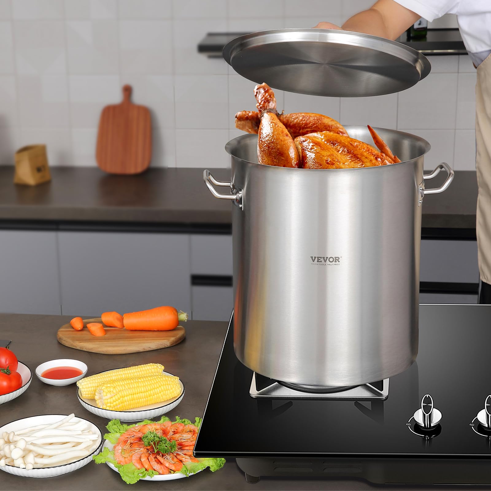 VEVOR 42 Quart Stainless Steel Stock Pot with Strainer, Lid & Handle - Heavy Duty Commercial Grade Cooking Pot for Restaurants, Catering & Large Group Events - Perfect for Soups, Stews & Pasta (Silver, Sanding Finish)