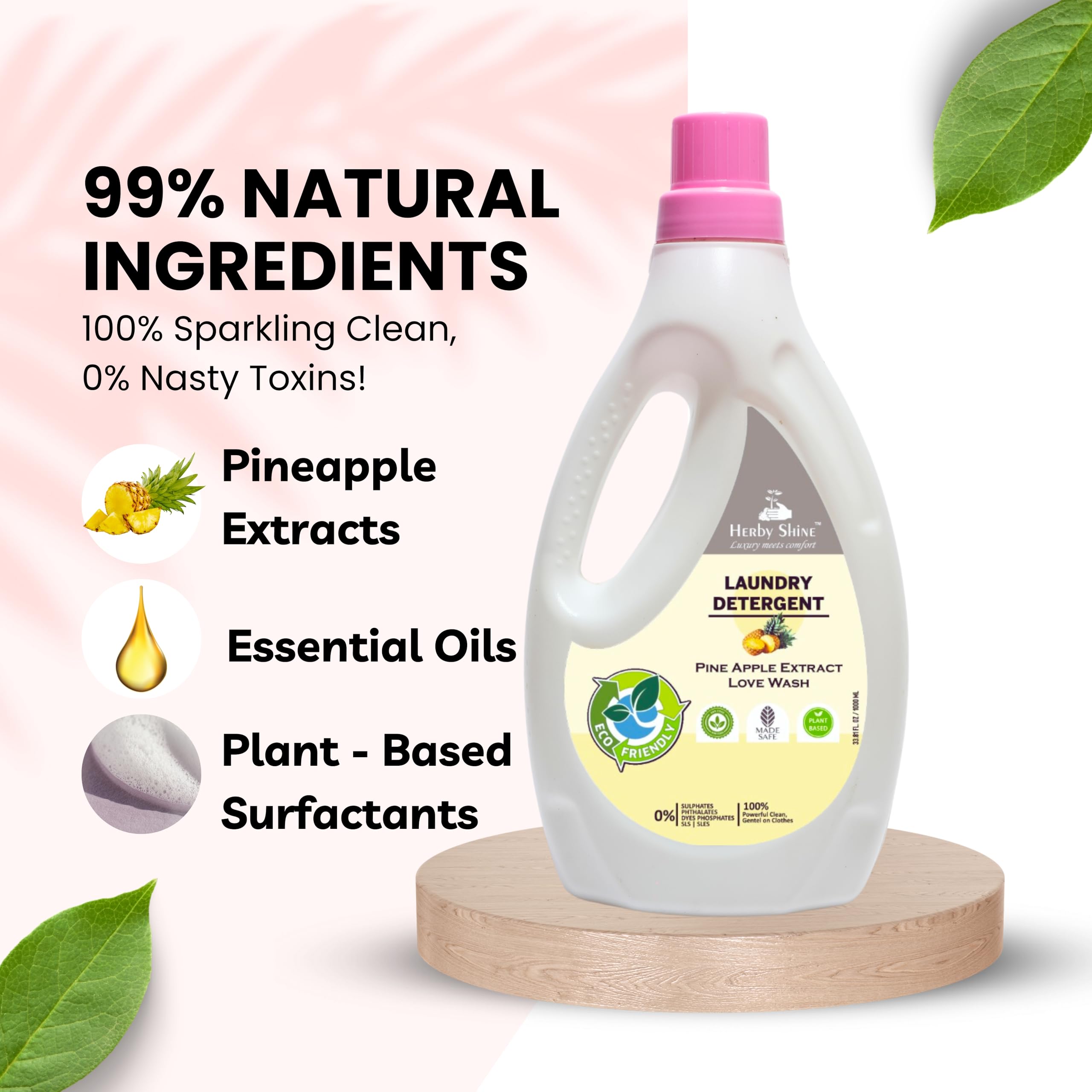 HerbyShine Liquid Laundry Detergent 1 Liter - Top Load & Front Load Washing Machine Safe, pH Balanced Formula with Pineapple Fragrance | Gentle on Clothes, Ideal for Everyday Laundry & Stain Removal