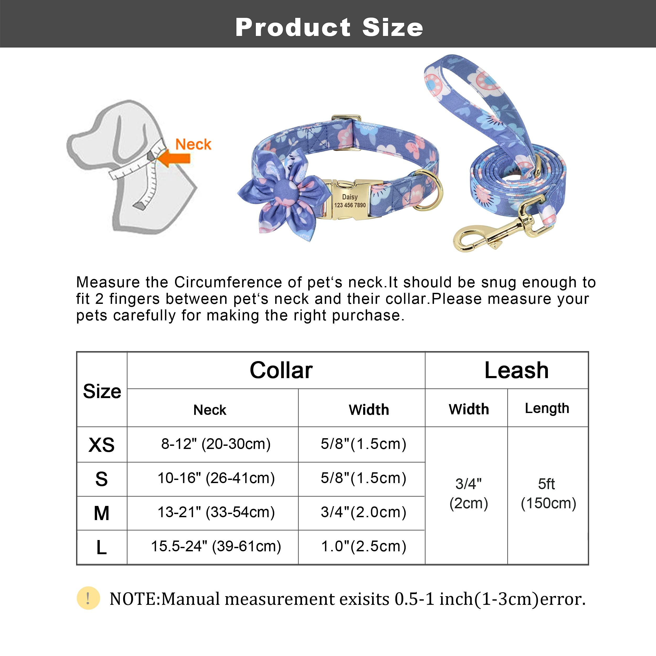 Beirui Personalized Floral Dog Collar and Leash Set for Small Female Dogs - Engraved Gold Buckle Pet Accessories (Butterfly Design, Large) - Perfect for Weddings, Parties & Special Occasions