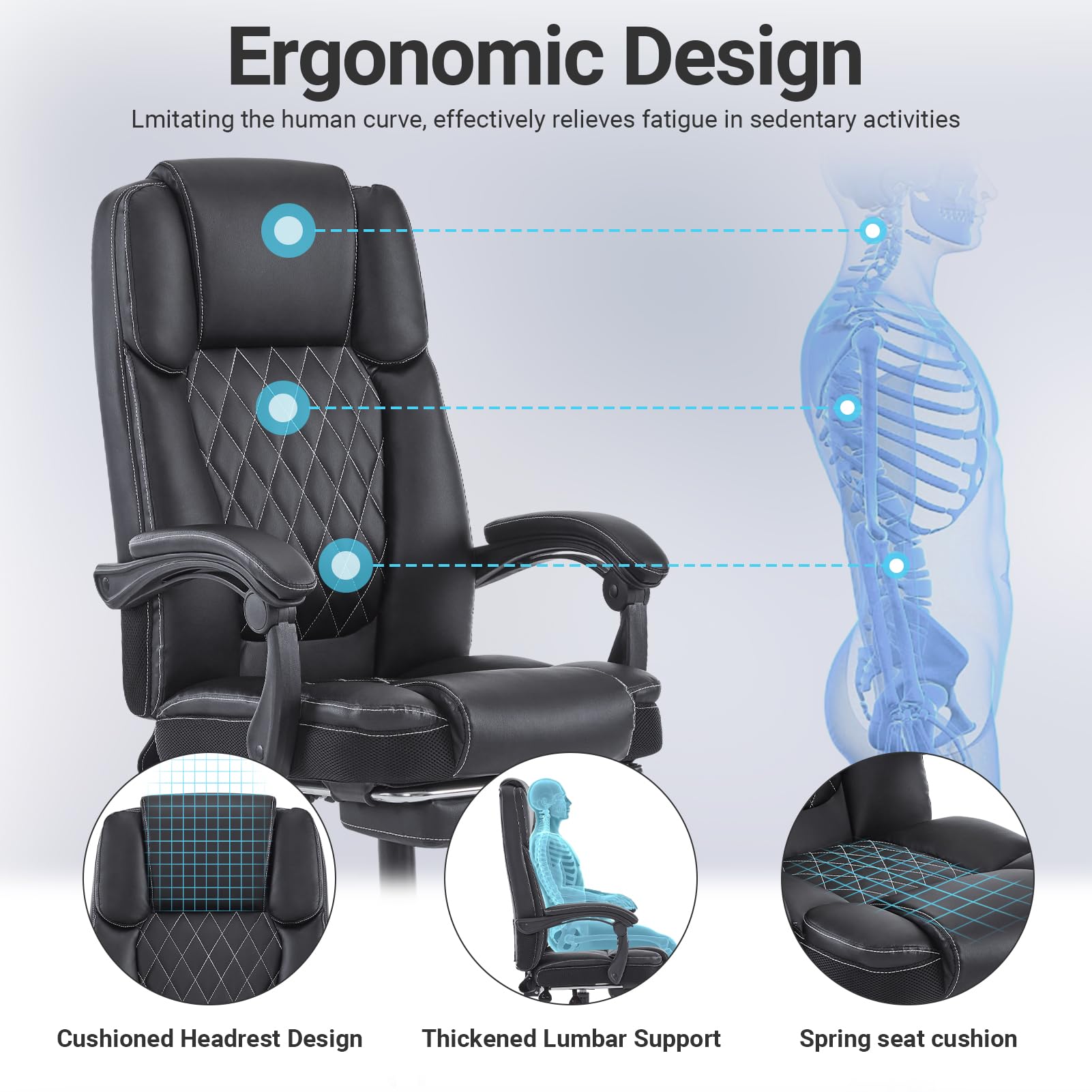 Ergonomic Big and Tall Executive Office Chair with Footrest - High Back Reclining Leather Desk Chair with Lumbar Support, Swivel & Wheels - Perfect for Home Office, Gaming & Computer Work (Black)