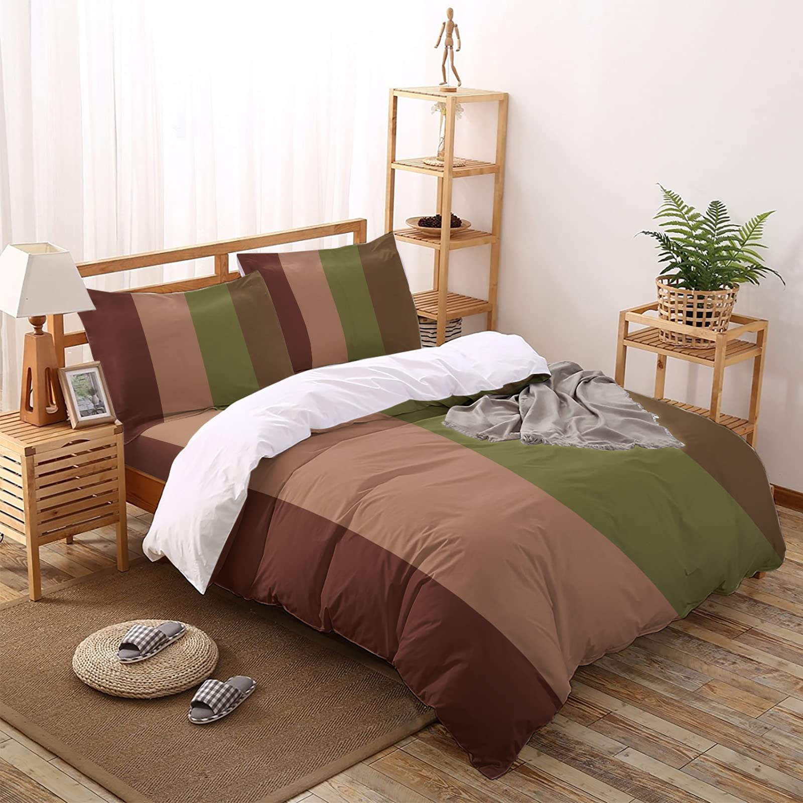 Retro Geometric Striped Duvet Cover Set Cal King - 4 Piece Washed Microfiber Bedding with Zipper Closure (Green, Pink, Red) - Includes Comforter Cover, Pillow Shams & Flat Sheet - Perfect for Modern Bedrooms & Guest Room Decor