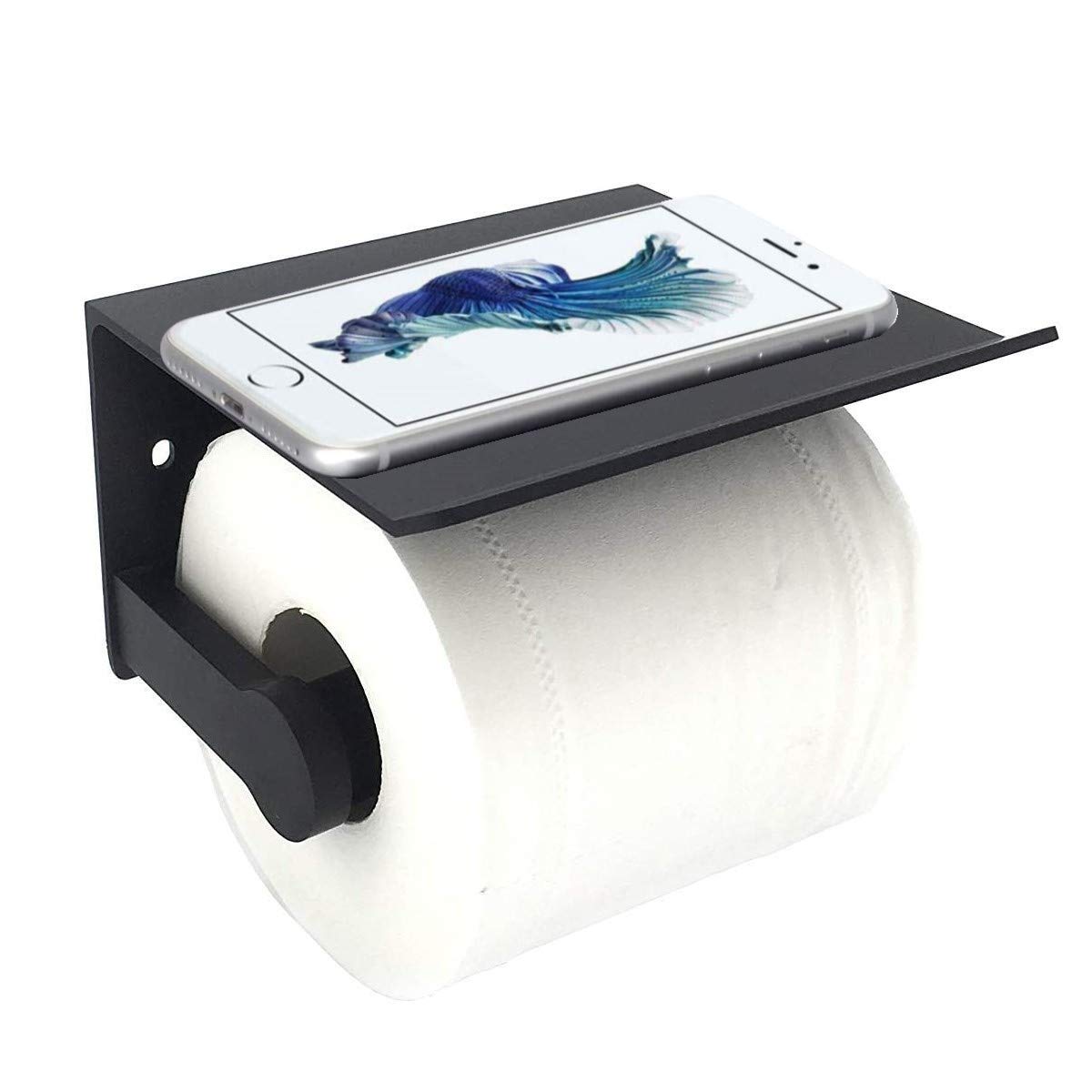 Stainless Steel Toilet Paper Holder with Phone Shelf - Rustproof Wall Mount Bathroom Tissue Roll Stand - SUS 304 Kitchen & Bath Accessory (Black) - Perfect for Modern Homes & Small Space Organization