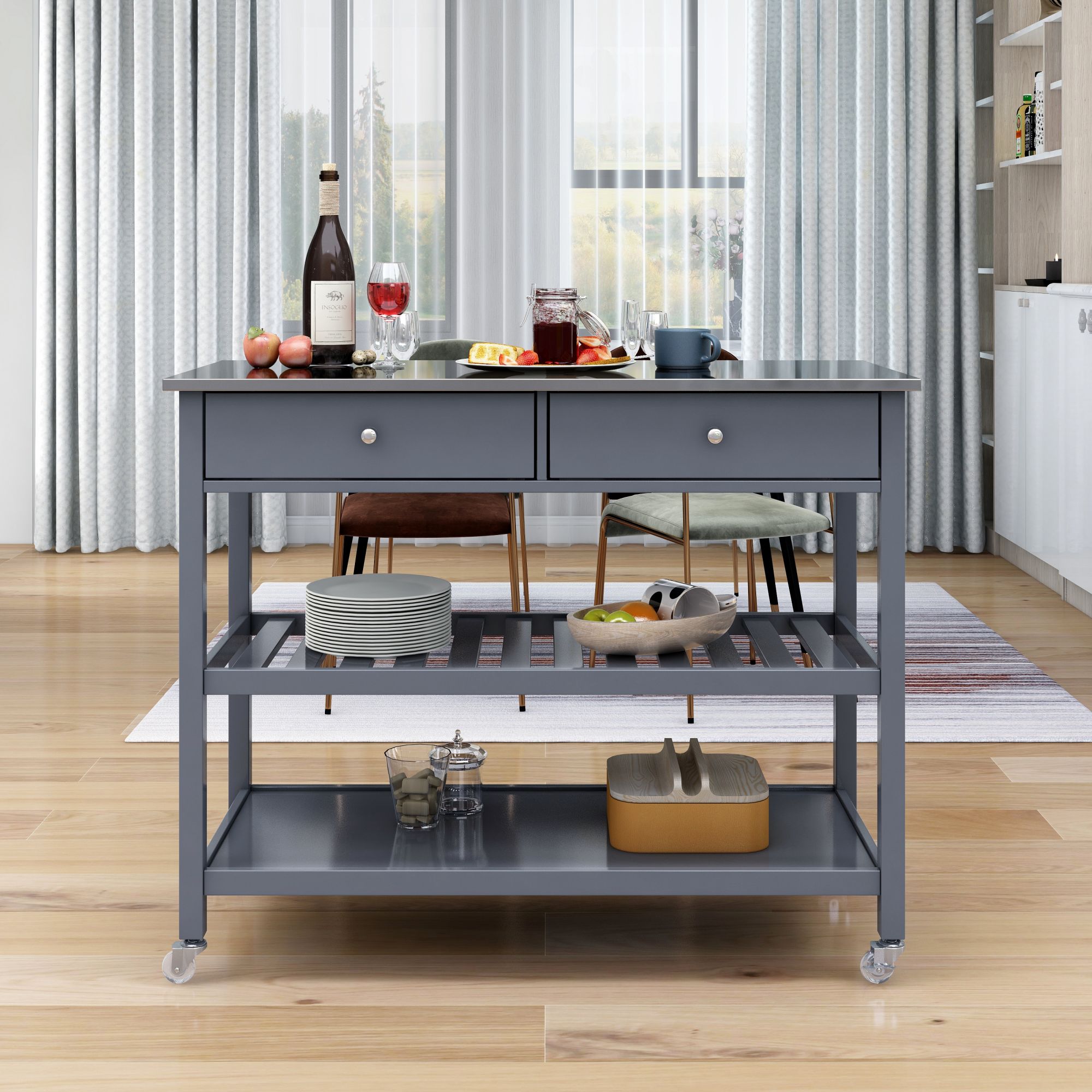 Stainless Steel Rolling Kitchen Cart with Locking Wheels - 43.3 Inch Mobile Kitchen Island with 2 Open Shelves & 2 Drawers, Spacious Storage for Dining Room & Small Apartment (Blue) - Perfect for Food Prep, Serving, and Extra Counter Space
