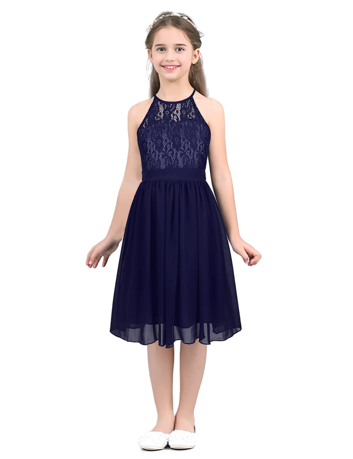 Venjoe Girls Floral Lace Halter Neck Chiffon Dress - Elegant Flower Girl Dress for Weddings, Birthday Parties & Special Occasions | Knee-Length Summer Party Outfit